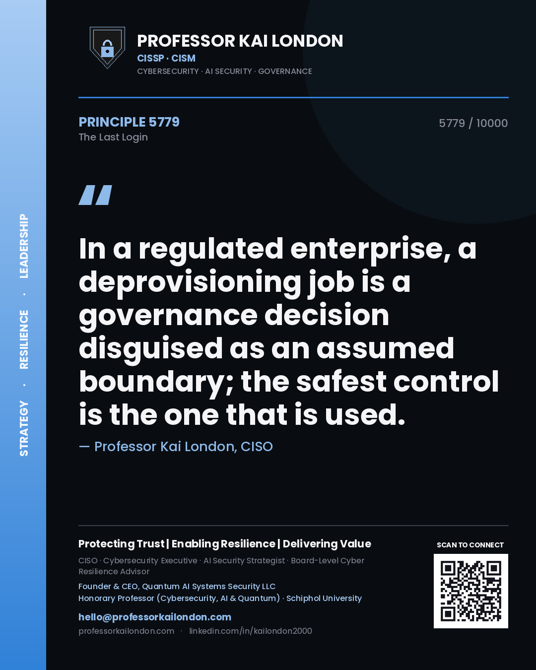 Professor Kai London principle 5779: In a regulated enterprise, a deprovisioning job is a governance decision disguised as an assumed boundary; the safest control is the one that is used.