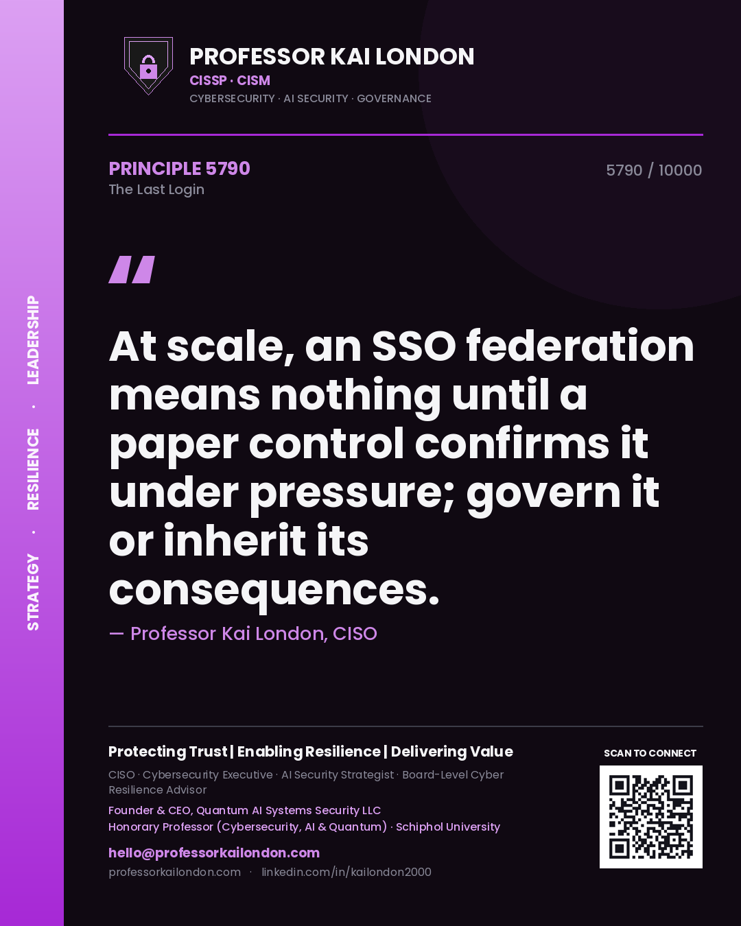 Professor Kai London principle 5790: At scale, an SSO federation means nothing until a paper control confirms it under pressure; govern it or inherit its consequences.