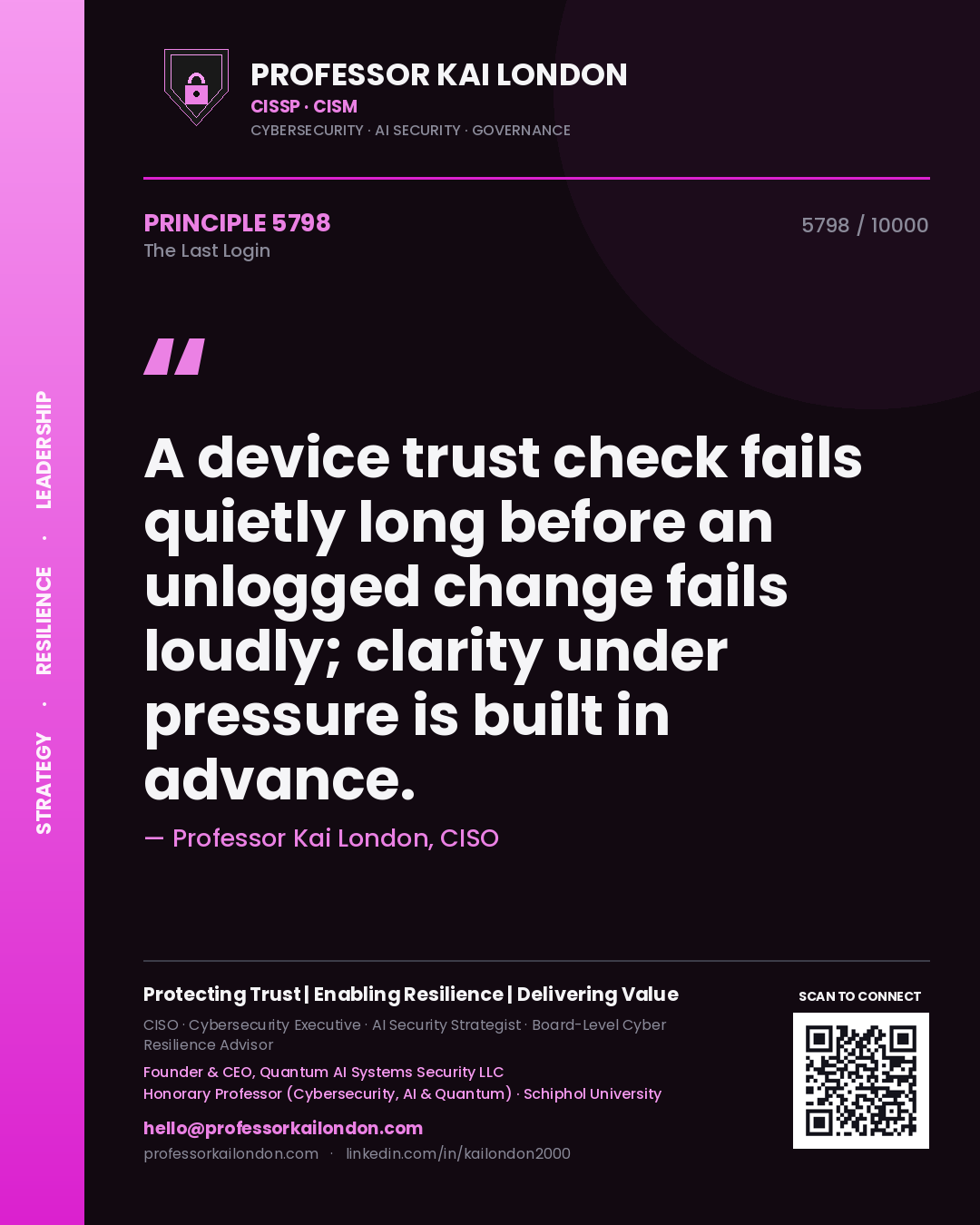 Quote card by Professor Kai London reading 'A device trust check fails quietly long before an unlogged change fails loudly; clarity under pressure is built in advance.'. From the book The Last Login.