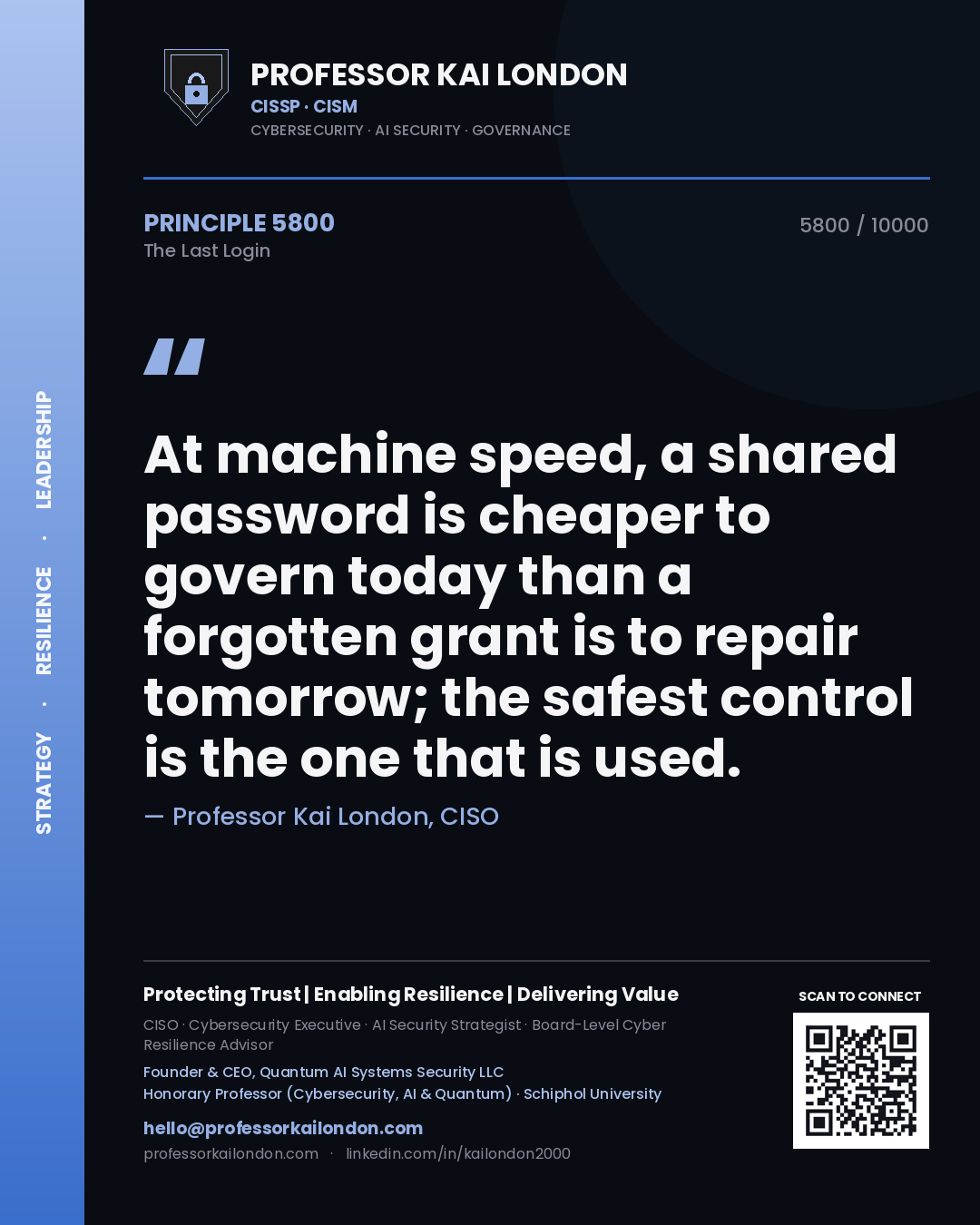 Quote card by Professor Kai London reading 'At machine speed, a shared password is cheaper to govern today than a forgotten grant is to repair tomorrow; the safest control is the one that is used.'. From the book The Last Login.