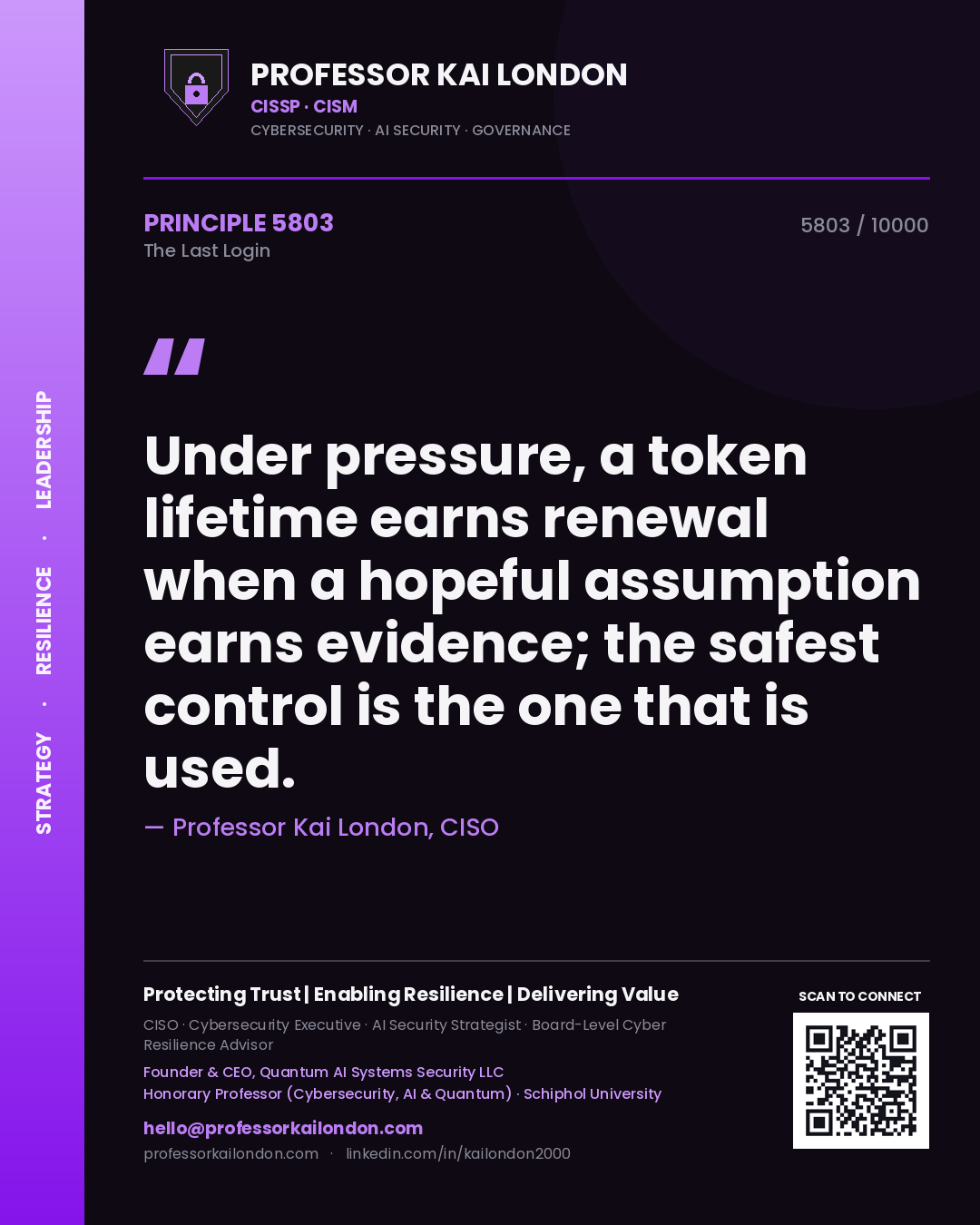 Quote card by Professor Kai London reading 'Under pressure, a token lifetime earns renewal when a hopeful assumption earns evidence; the safest control is the one that is used.'. From the book The Last Login.