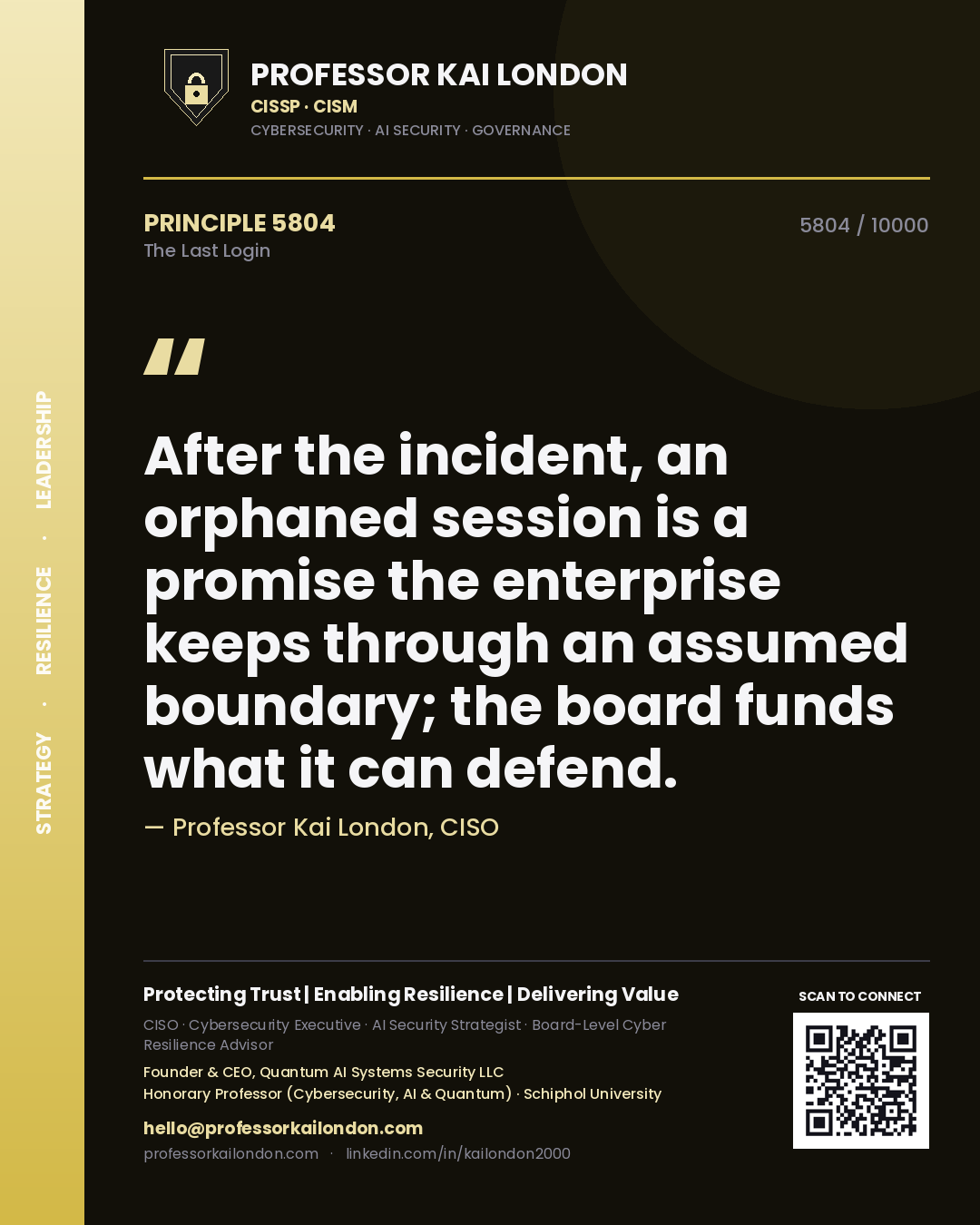 Quote card by Professor Kai London reading 'After the incident, an orphaned session is a promise the enterprise keeps through an assumed boundary; the board funds what it can defend.'. From the book The Last Login.