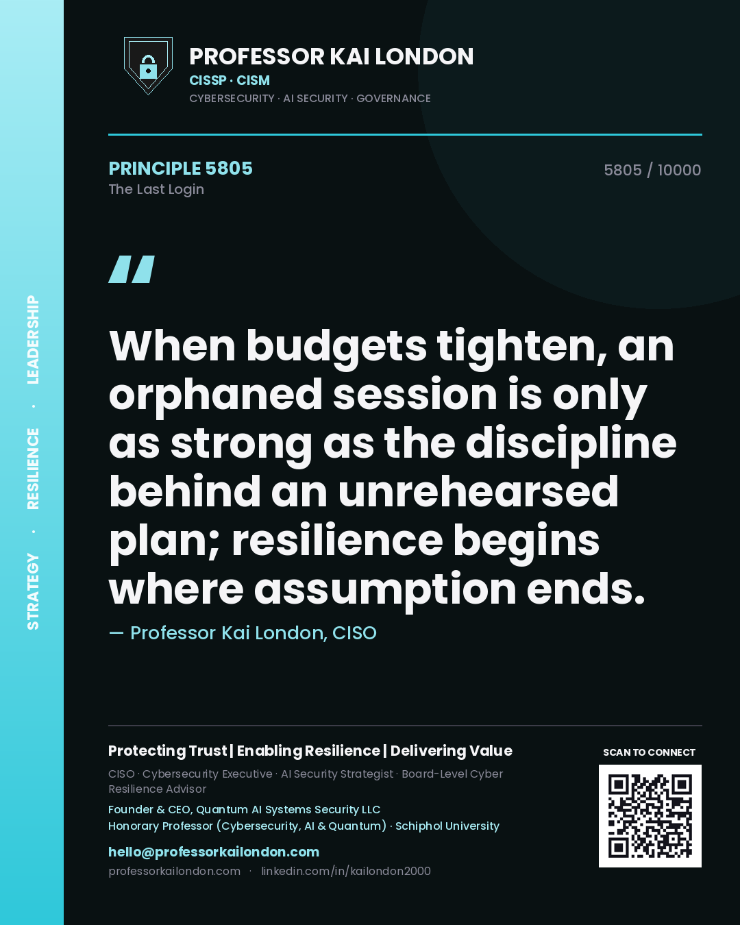 Quote card by Professor Kai London reading 'When budgets tighten, an orphaned session is only as strong as the discipline behind an unrehearsed plan; resilience begins where assumption ends.'. From the book The Last Login.
