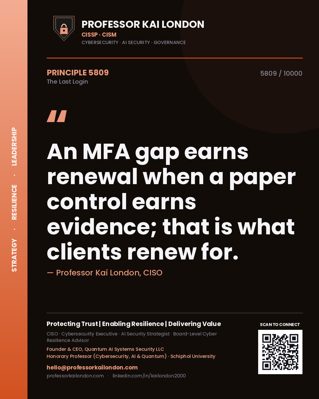 Quote card by Professor Kai London reading 'An MFA gap earns renewal when a paper control earns evidence; that is what clients renew for.'. From the book The Last Login.