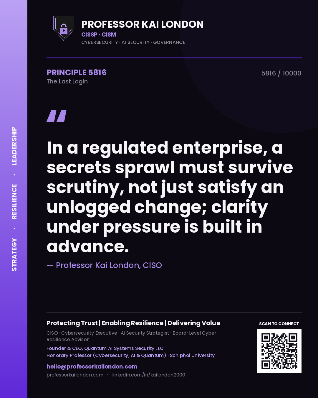 Professor Kai London principle 5816: In a regulated enterprise, a secrets sprawl must survive scrutiny, not just satisfy an unlogged change; clarity under pressure is built in advance.