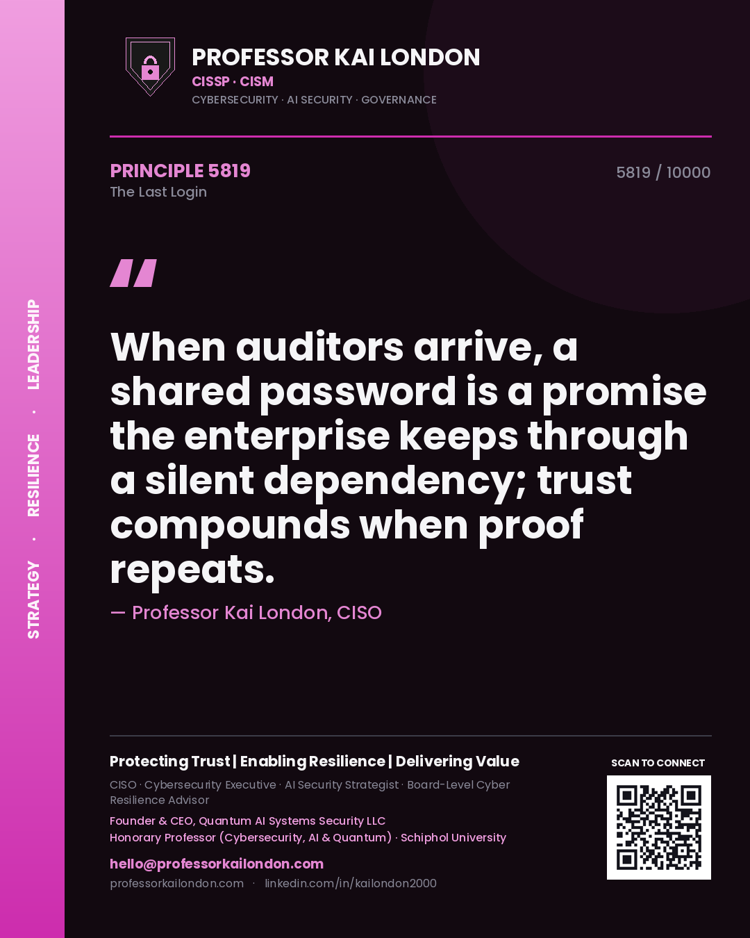 Quote card by Professor Kai London reading 'When auditors arrive, a shared password is a promise the enterprise keeps through a silent dependency; trust compounds when proof repeats.'. From the book The Last Login.