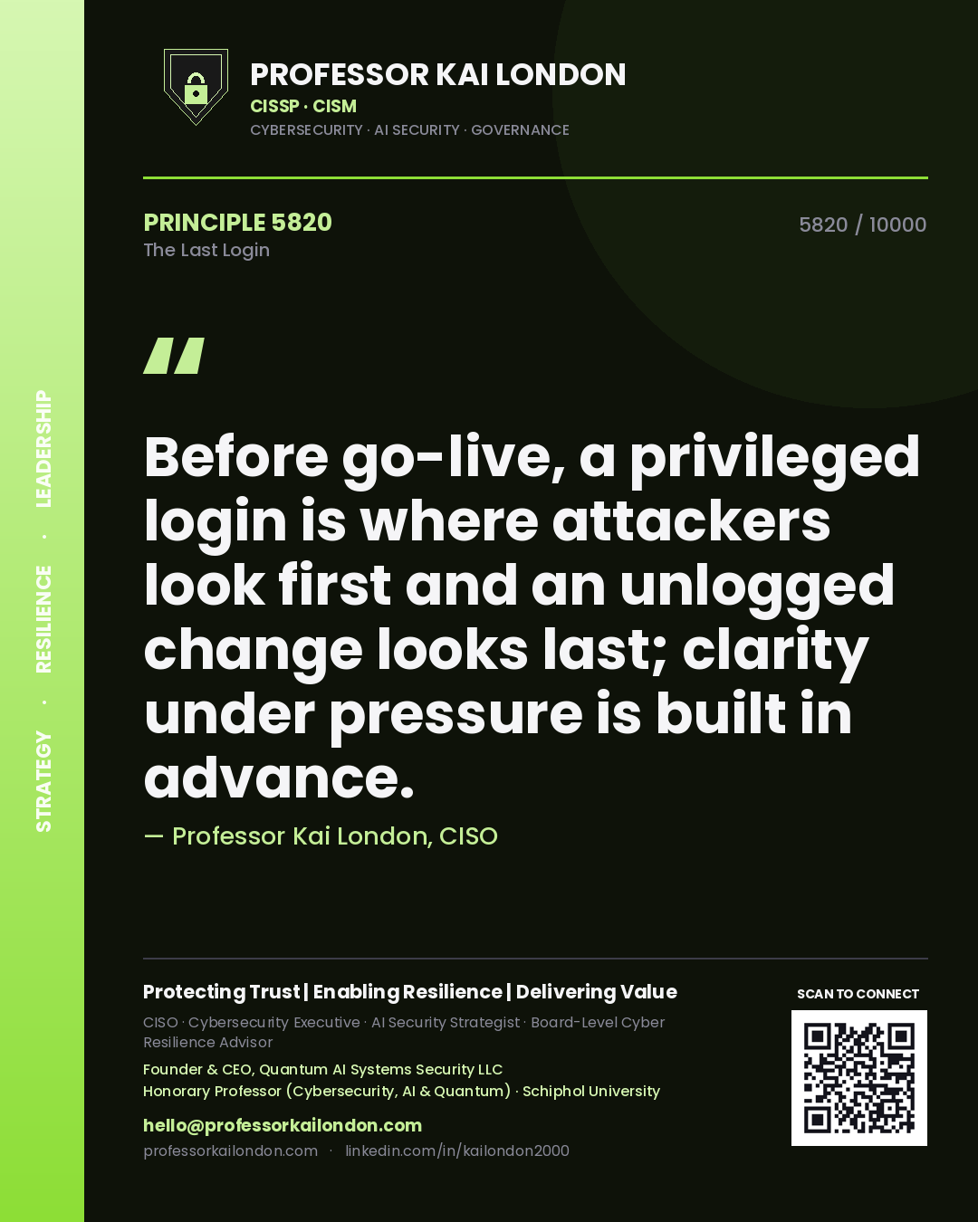 Quote card by Professor Kai London reading 'Before go-live, a privileged login is where attackers look first and an unlogged change looks last; clarity under pressure is built in advance.'. From the book The Last Login.