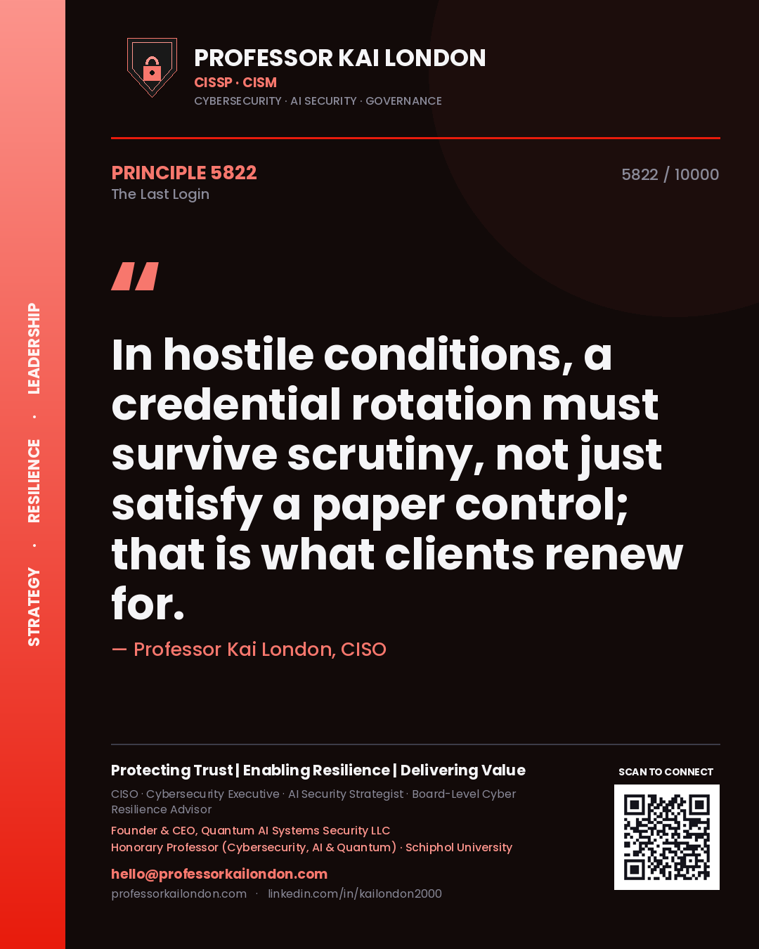 Quote card by Professor Kai London reading 'In hostile conditions, a credential rotation must survive scrutiny, not just satisfy a paper control; that is what clients renew for.'. From the book The Last Login.