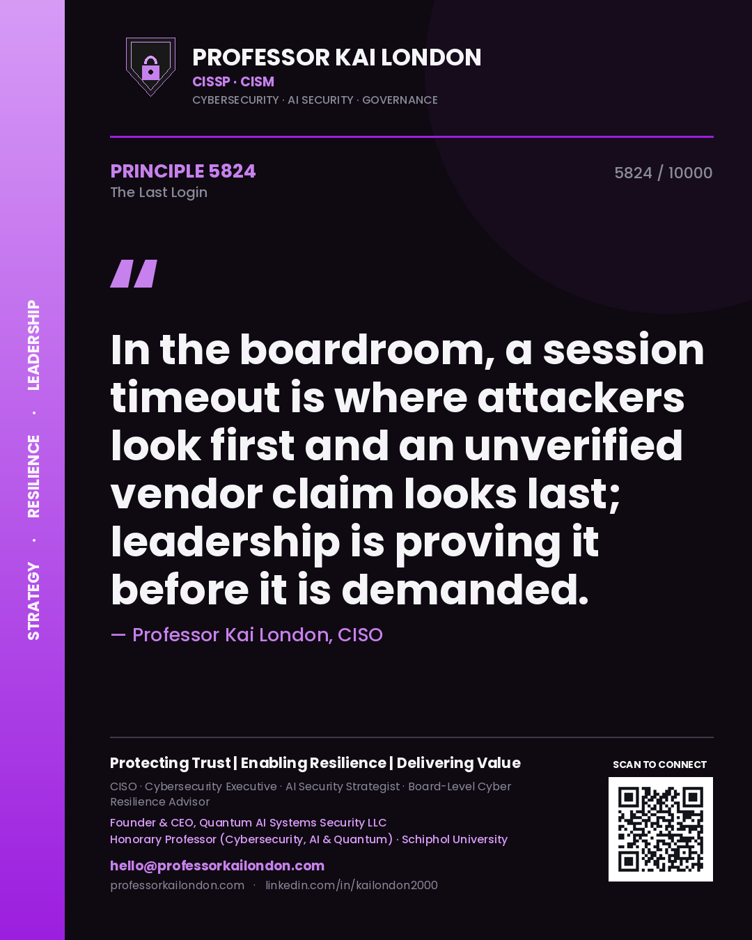 Quote card by Professor Kai London reading 'In the boardroom, a session timeout is where attackers look first and an unverified vendor claim looks last; leadership is proving it before it is demanded.'. From the book The Last Login.