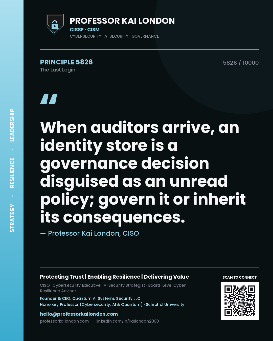 Quote card by Professor Kai London reading 'When auditors arrive, an identity store is a governance decision disguised as an unread policy; govern it or inherit its consequences.'. From the book The Last Login.