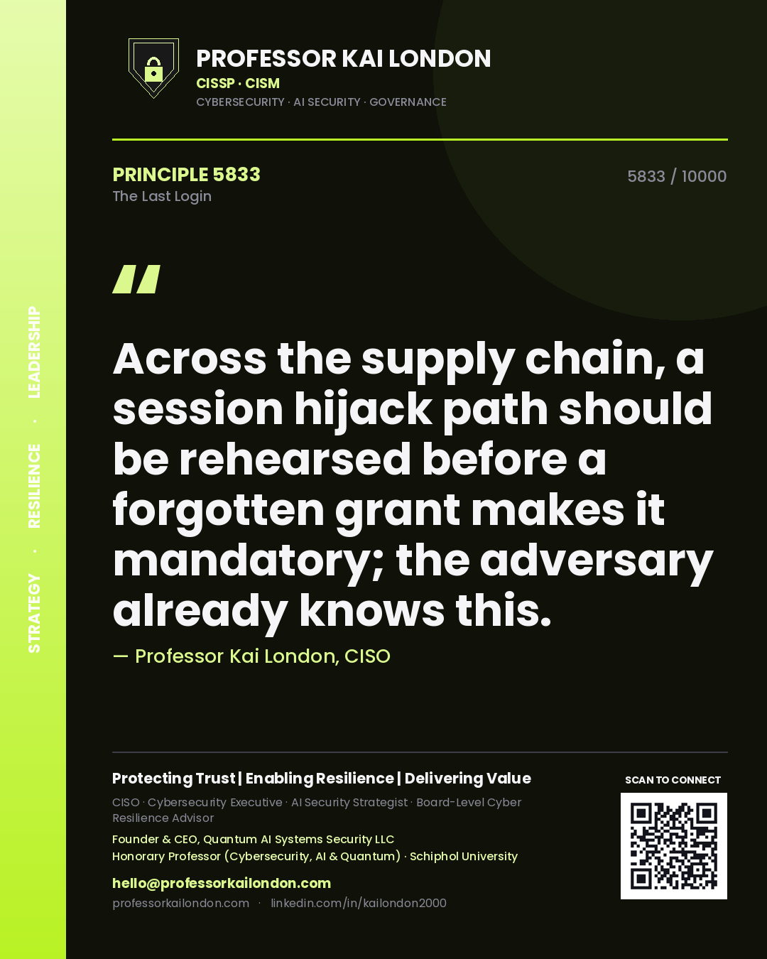 Quote card by Professor Kai London reading 'Across the supply chain, a session hijack path should be rehearsed before a forgotten grant makes it mandatory; the adversary already knows this.'. From the book The Last Login.