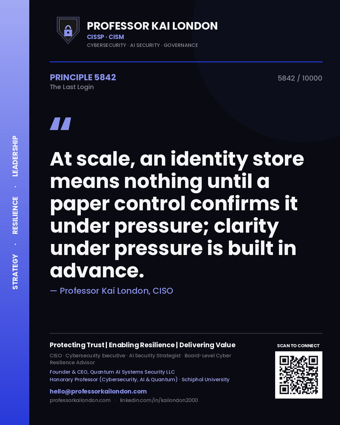 Quote card by Professor Kai London reading 'At scale, an identity store means nothing until a paper control confirms it under pressure; clarity under pressure is built in advance.'. From the book The Last Login.