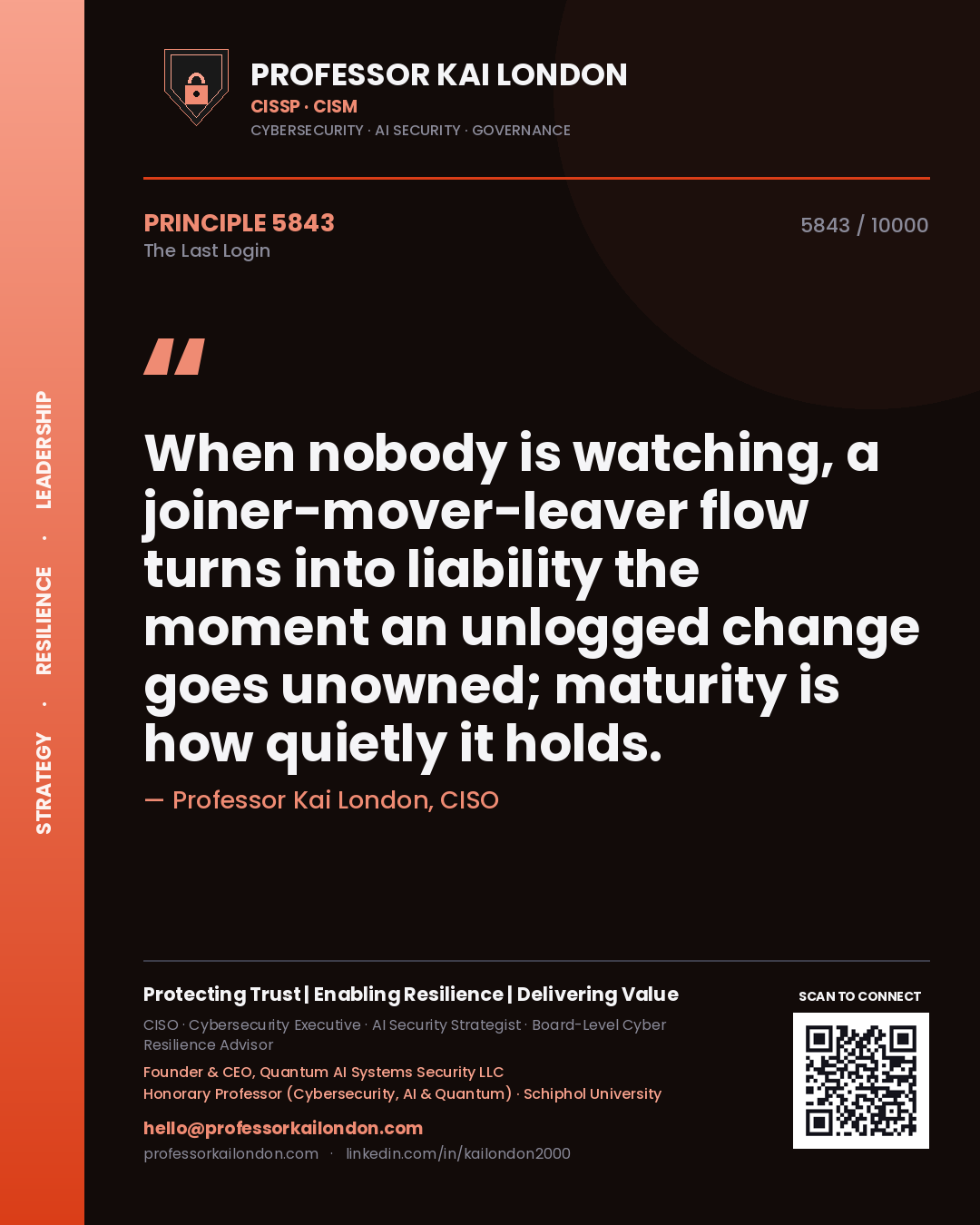 Quote card by Professor Kai London reading 'When nobody is watching, a joiner-mover-leaver flow turns into liability the moment an unlogged change goes unowned; maturity is how quietly it holds.'. From the book The Last Login.