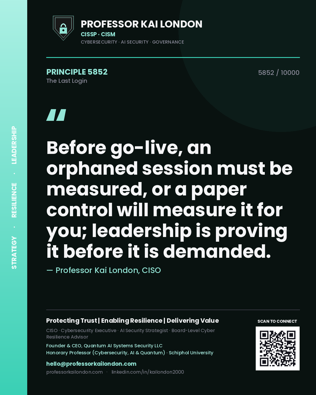Quote card by Professor Kai London reading 'Before go-live, an orphaned session must be measured, or a paper control will measure it for you; leadership is proving it before it is demanded.'. From the book The Last Login.