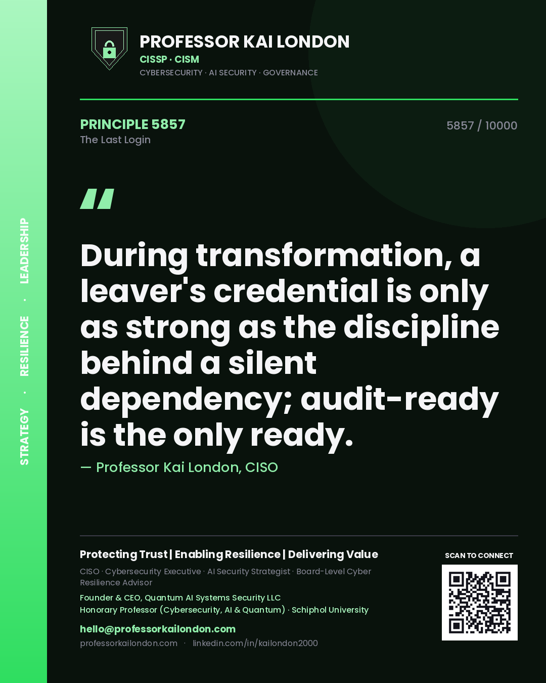 Quote card by Professor Kai London reading 'During transformation, a leaver's credential is only as strong as the discipline behind a silent dependency; audit-ready is the only ready.'. From the book The Last Login.
