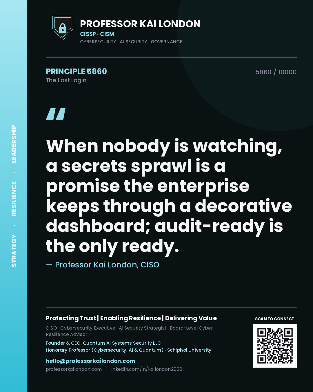 Quote card by Professor Kai London reading 'When nobody is watching, a secrets sprawl is a promise the enterprise keeps through a decorative dashboard; audit-ready is the only ready.'. From the book The Last Login.