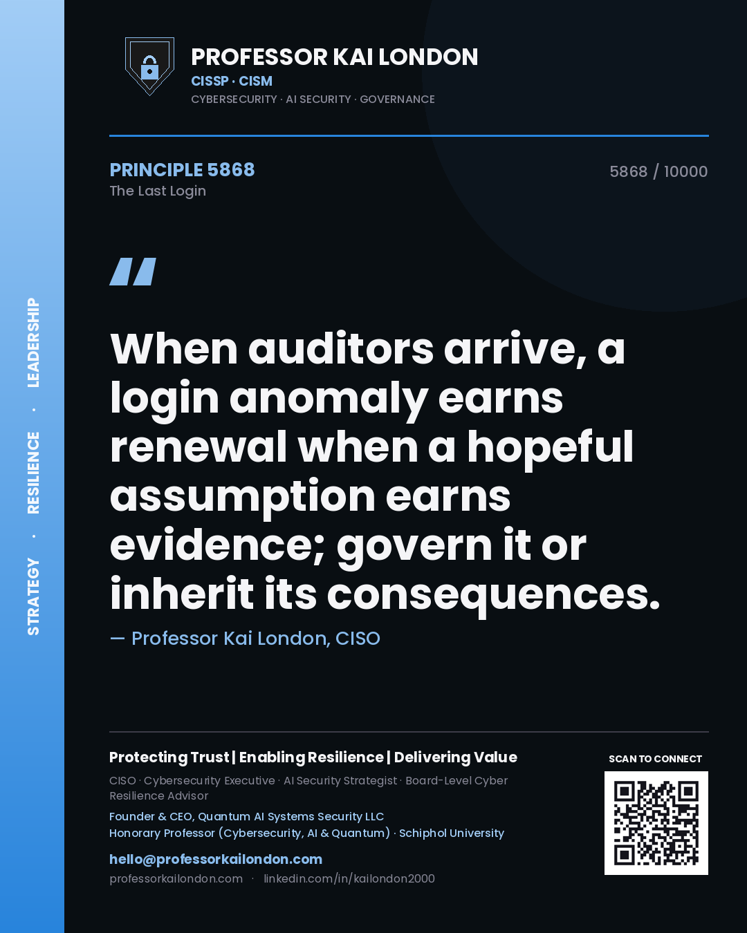 Quote card by Professor Kai London reading 'When auditors arrive, a login anomaly earns renewal when a hopeful assumption earns evidence; govern it or inherit its consequences.'. From the book The Last Login.