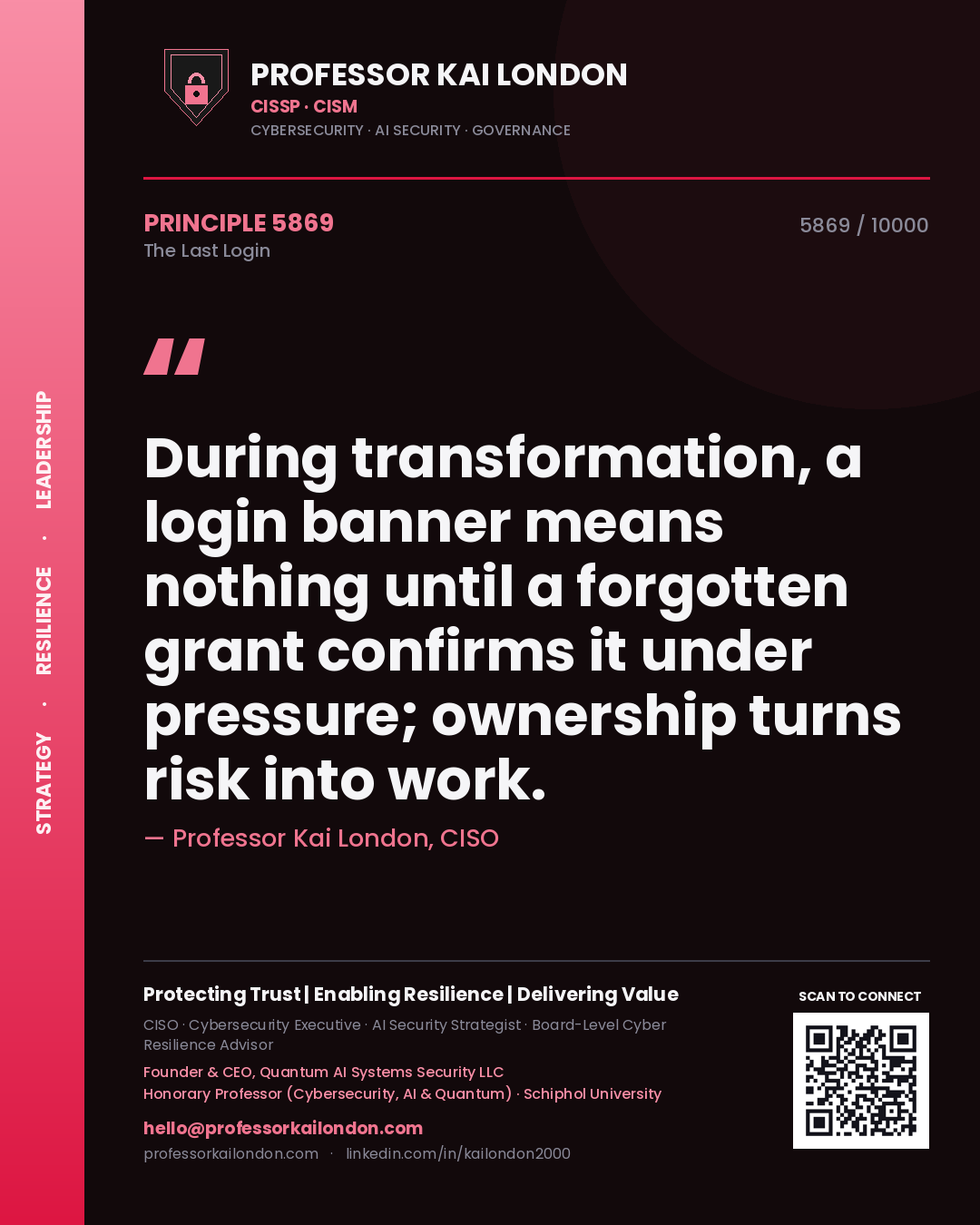 Quote card by Professor Kai London reading 'During transformation, a login banner means nothing until a forgotten grant confirms it under pressure; ownership turns risk into work.'. From the book The Last Login.