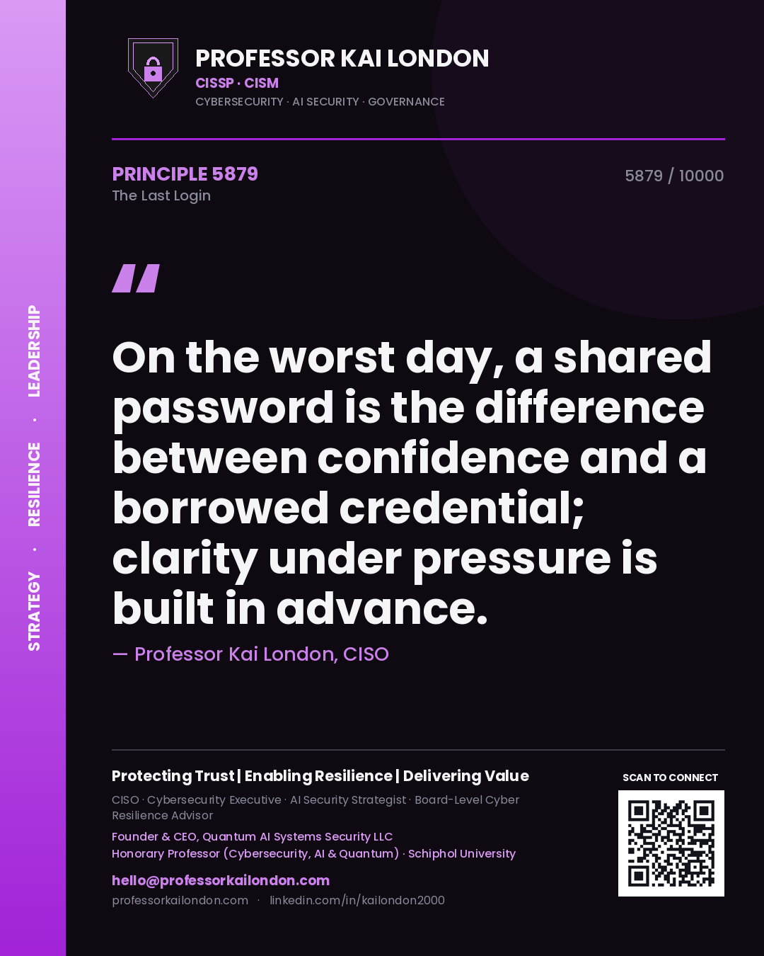 Quote card by Professor Kai London reading 'On the worst day, a shared password is the difference between confidence and a borrowed credential; clarity under pressure is built in advance.'. From the book The Last Login.