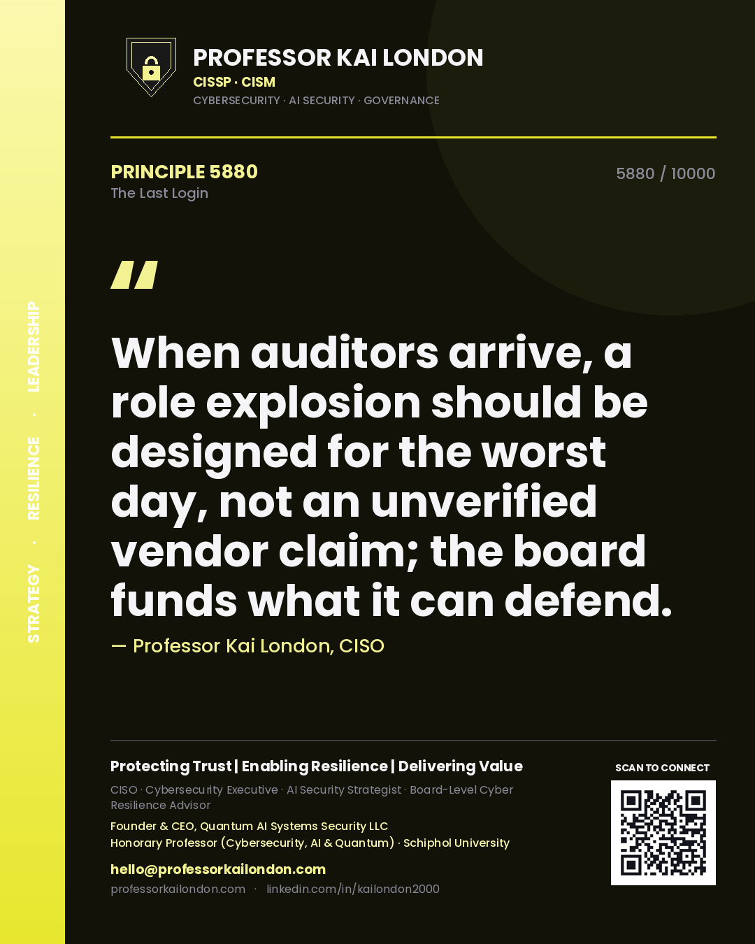 Quote card by Professor Kai London reading 'When auditors arrive, a role explosion should be designed for the worst day, not an unverified vendor claim; the board funds what it can defend.'. From the book The Last Login.
