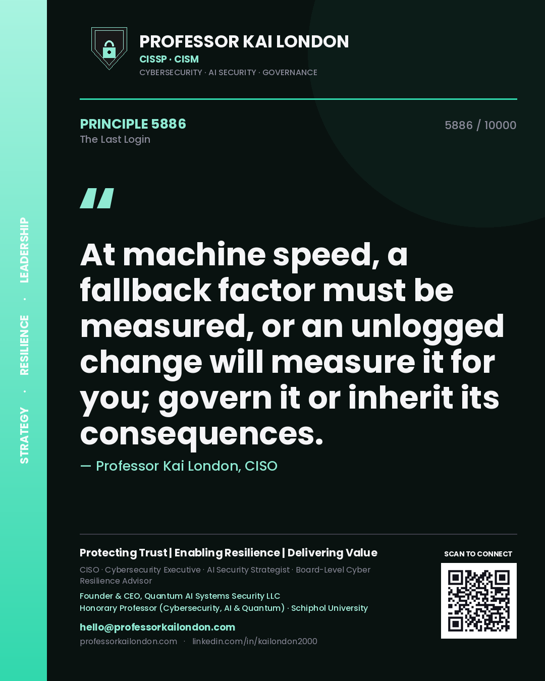Quote card by Professor Kai London reading 'At machine speed, a fallback factor must be measured, or an unlogged change will measure it for you; govern it or inherit its consequences.'. From the book The Last Login.