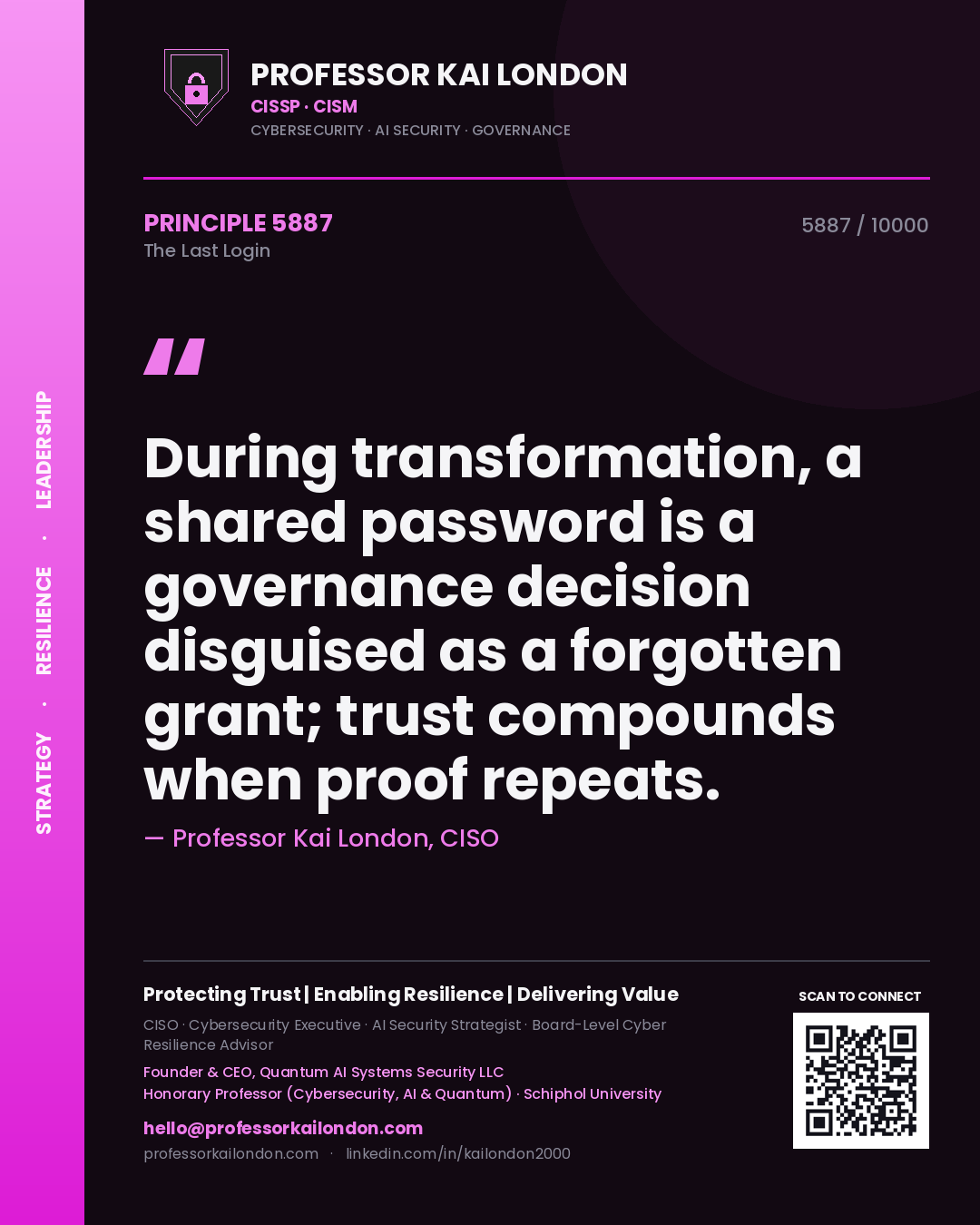 Quote card by Professor Kai London reading 'During transformation, a shared password is a governance decision disguised as a forgotten grant; trust compounds when proof repeats.'. From the book The Last Login.