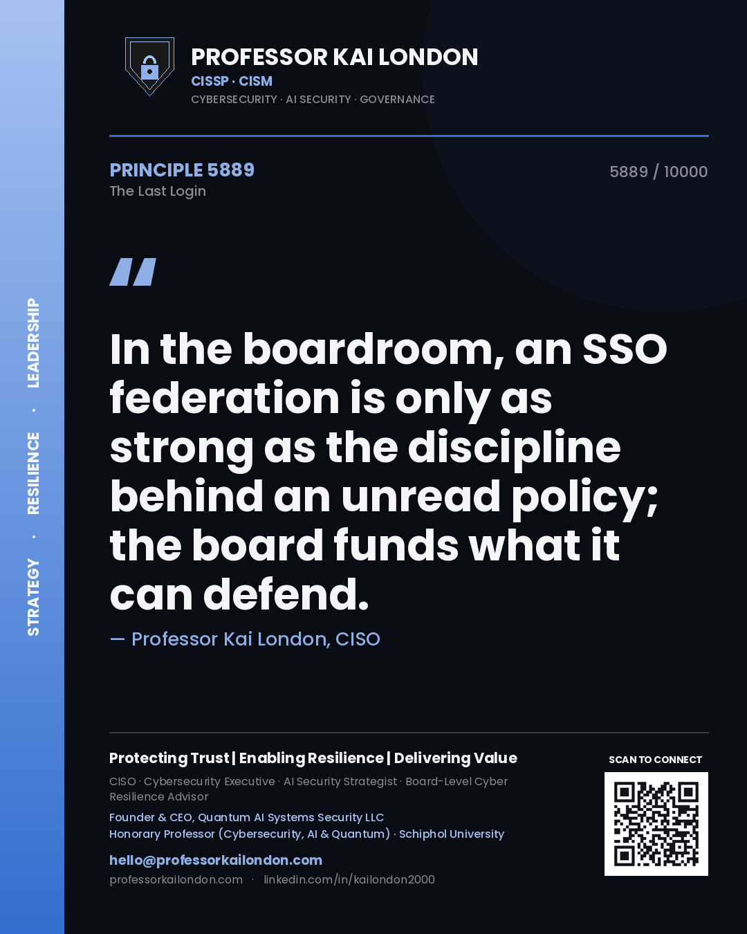 Quote card by Professor Kai London reading 'In the boardroom, an SSO federation is only as strong as the discipline behind an unread policy; the board funds what it can defend.'. From the book The Last Login.