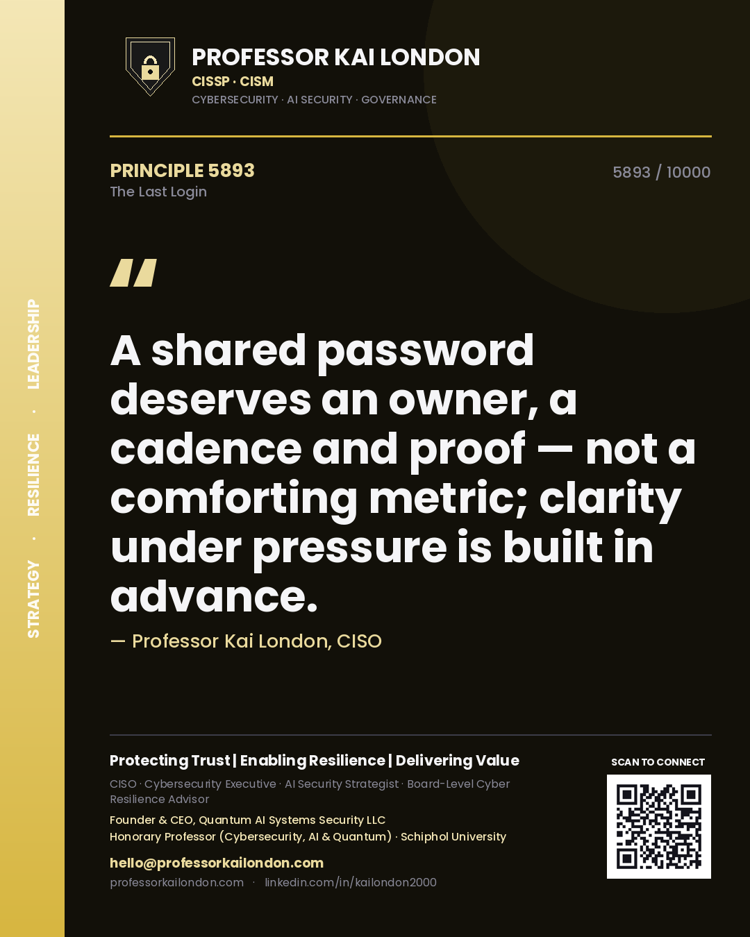 Quote card by Professor Kai London reading 'A shared password deserves an owner, a cadence and proof — not a comforting metric; clarity under pressure is built in advance.'. From the book The Last Login.