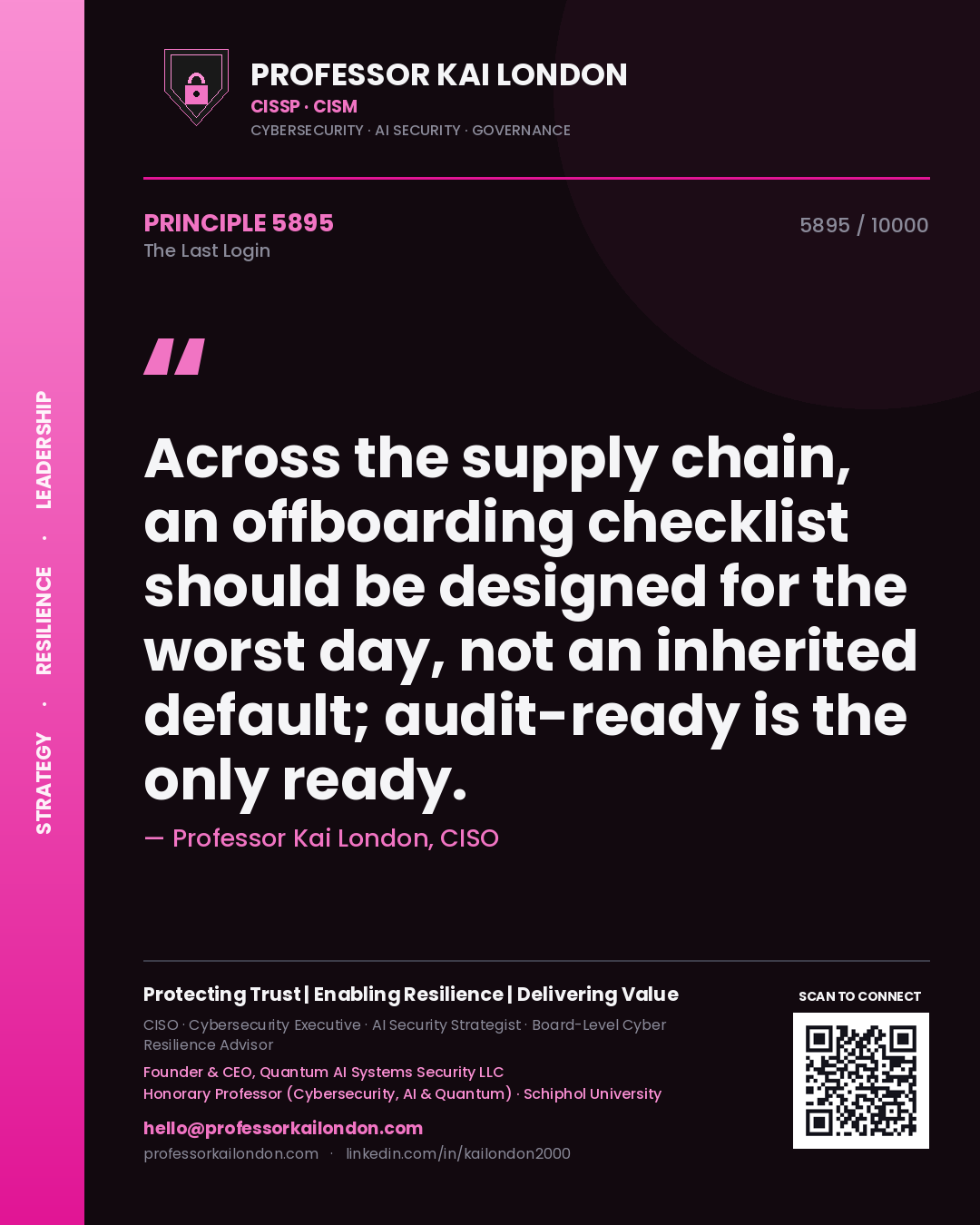 Quote card by Professor Kai London reading 'Across the supply chain, an offboarding checklist should be designed for the worst day, not an inherited default; audit-ready is the only ready.'. From the book The Last Login.