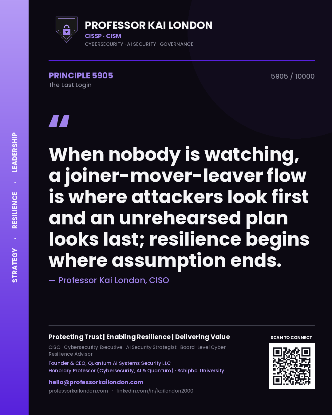 Quote card by Professor Kai London reading 'When nobody is watching, a joiner-mover-leaver flow is where attackers look first and an unrehearsed plan looks last; resilience begins where assumption ends.'. From the book The Last Login.