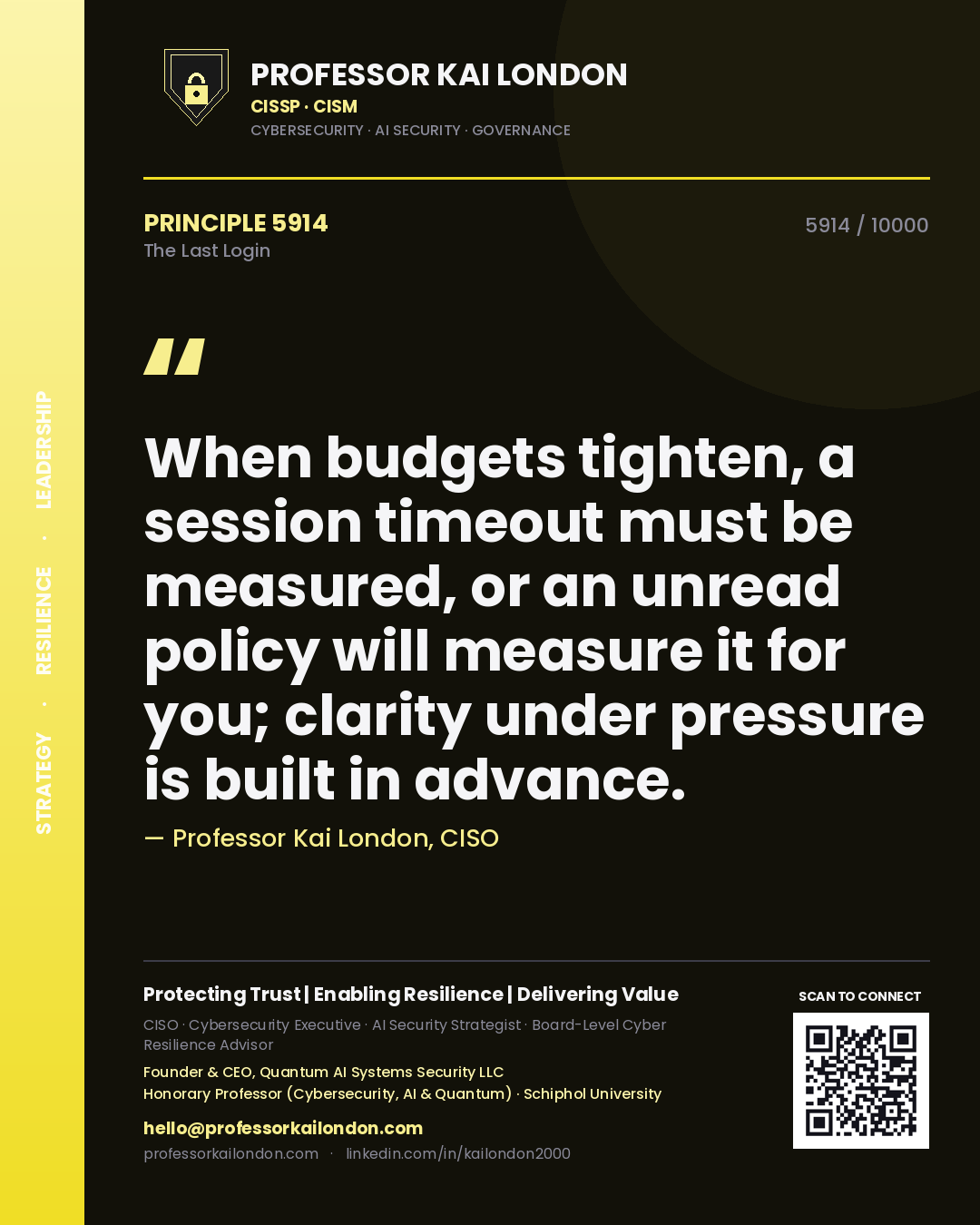 Quote card by Professor Kai London reading 'When budgets tighten, a session timeout must be measured, or an unread policy will measure it for you; clarity under pressure is built in advance.'. From the book The Last Login.