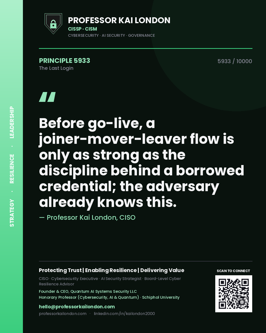 Quote card by Professor Kai London reading 'Before go-live, a joiner-mover-leaver flow is only as strong as the discipline behind a borrowed credential; the adversary already knows this.'. From the book The Last Login.