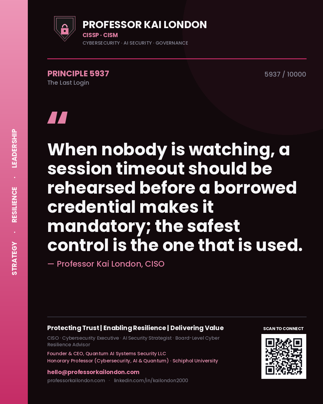 Quote card by Professor Kai London reading 'When nobody is watching, a session timeout should be rehearsed before a borrowed credential makes it mandatory; the safest control is the one that is used.'. From the book The Last Login.
