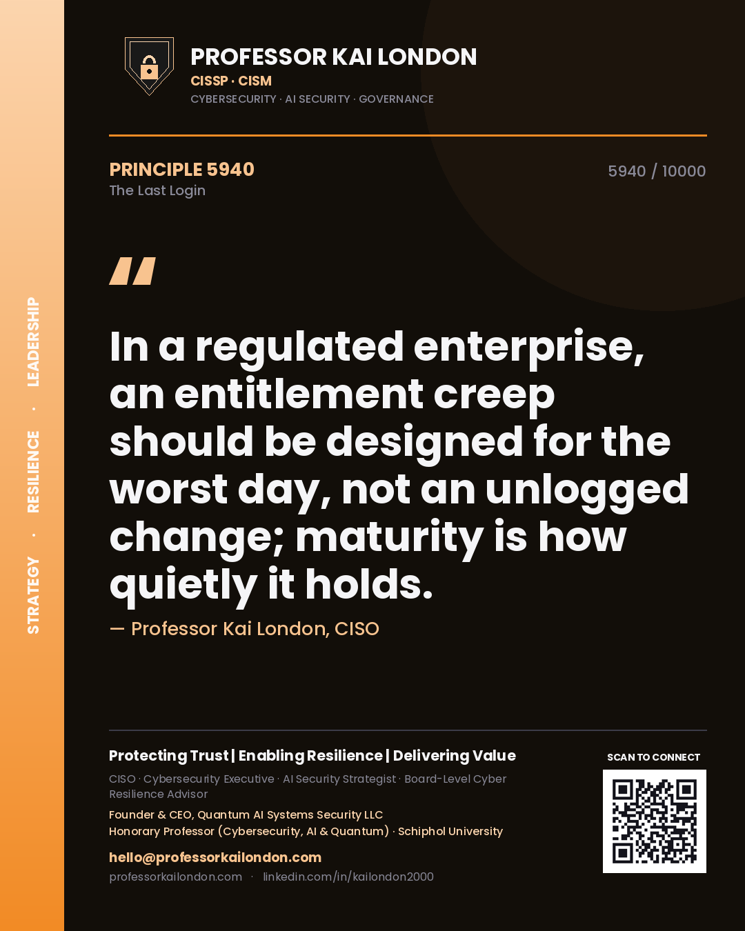Quote card by Professor Kai London reading 'In a regulated enterprise, an entitlement creep should be designed for the worst day, not an unlogged change; maturity is how quietly it holds.'. From the book The Last Login.