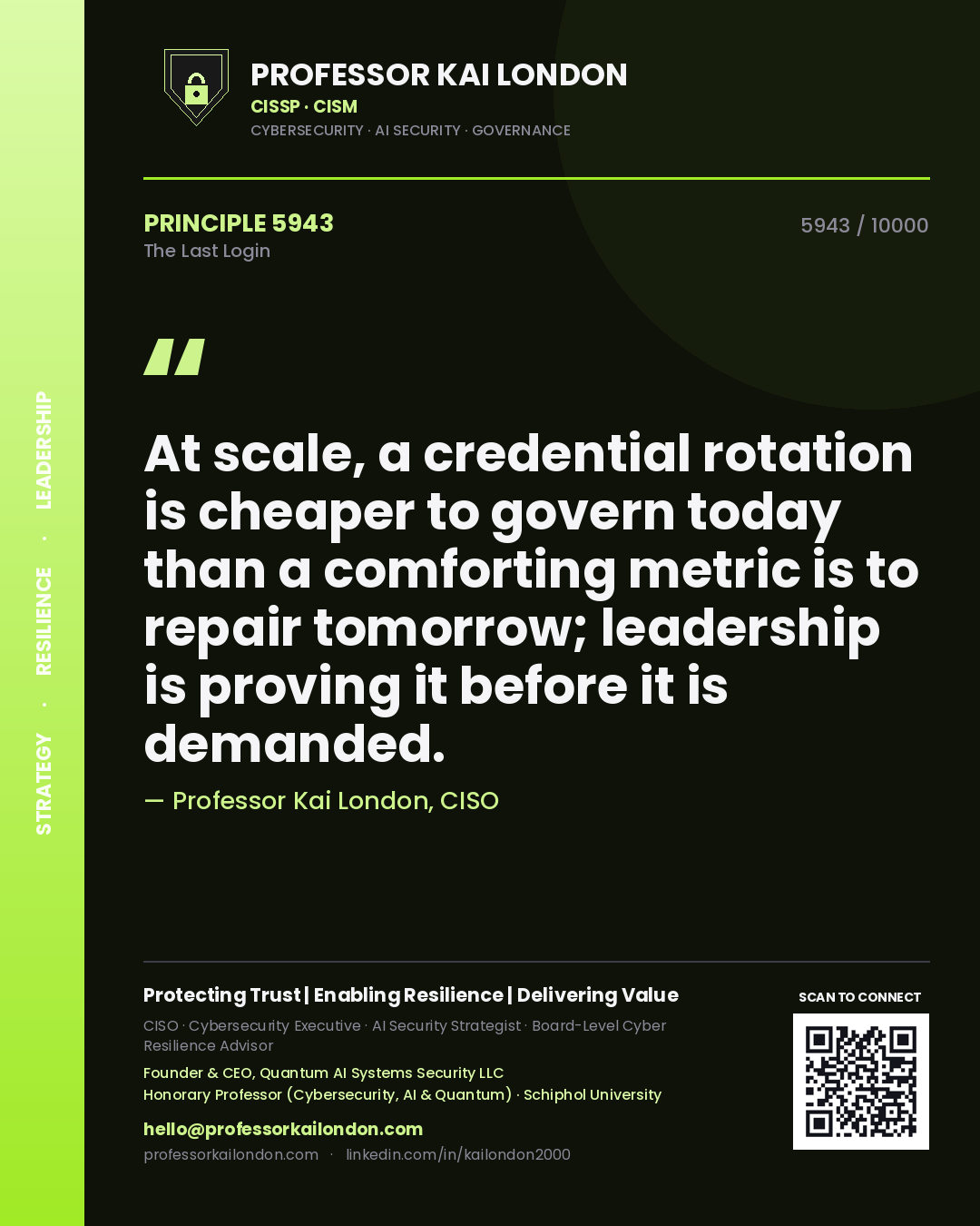 Quote card by Professor Kai London reading 'At scale, a credential rotation is cheaper to govern today than a comforting metric is to repair tomorrow; leadership is proving it before it is demanded.'. From the book The Last Login.