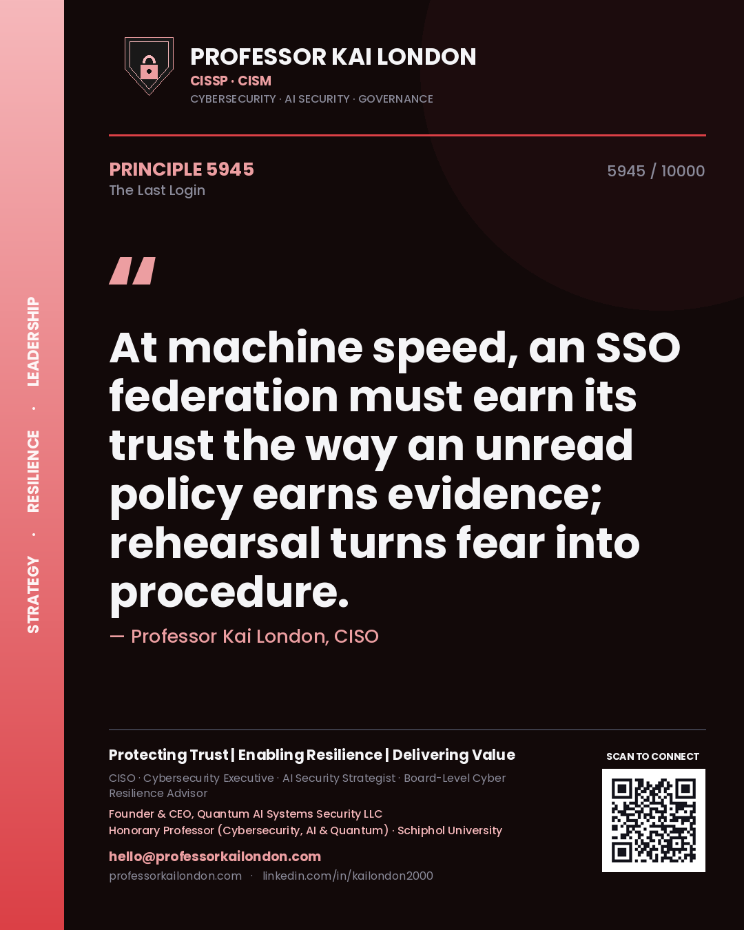 Quote card by Professor Kai London reading 'At machine speed, an SSO federation must earn its trust the way an unread policy earns evidence; rehearsal turns fear into procedure.'. From the book The Last Login.
