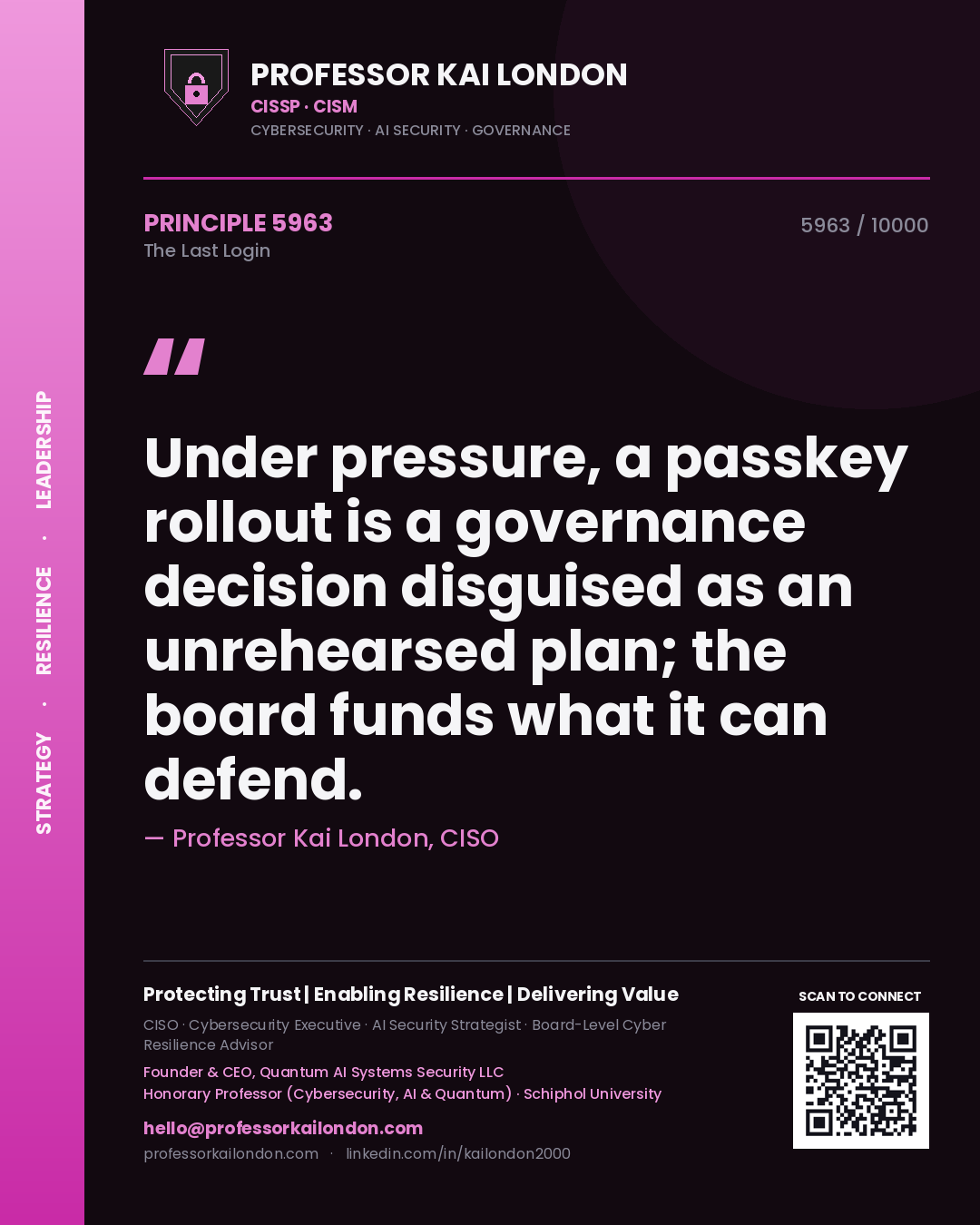 Quote card by Professor Kai London reading 'Under pressure, a passkey rollout is a governance decision disguised as an unrehearsed plan; the board funds what it can defend.'. From the book The Last Login.