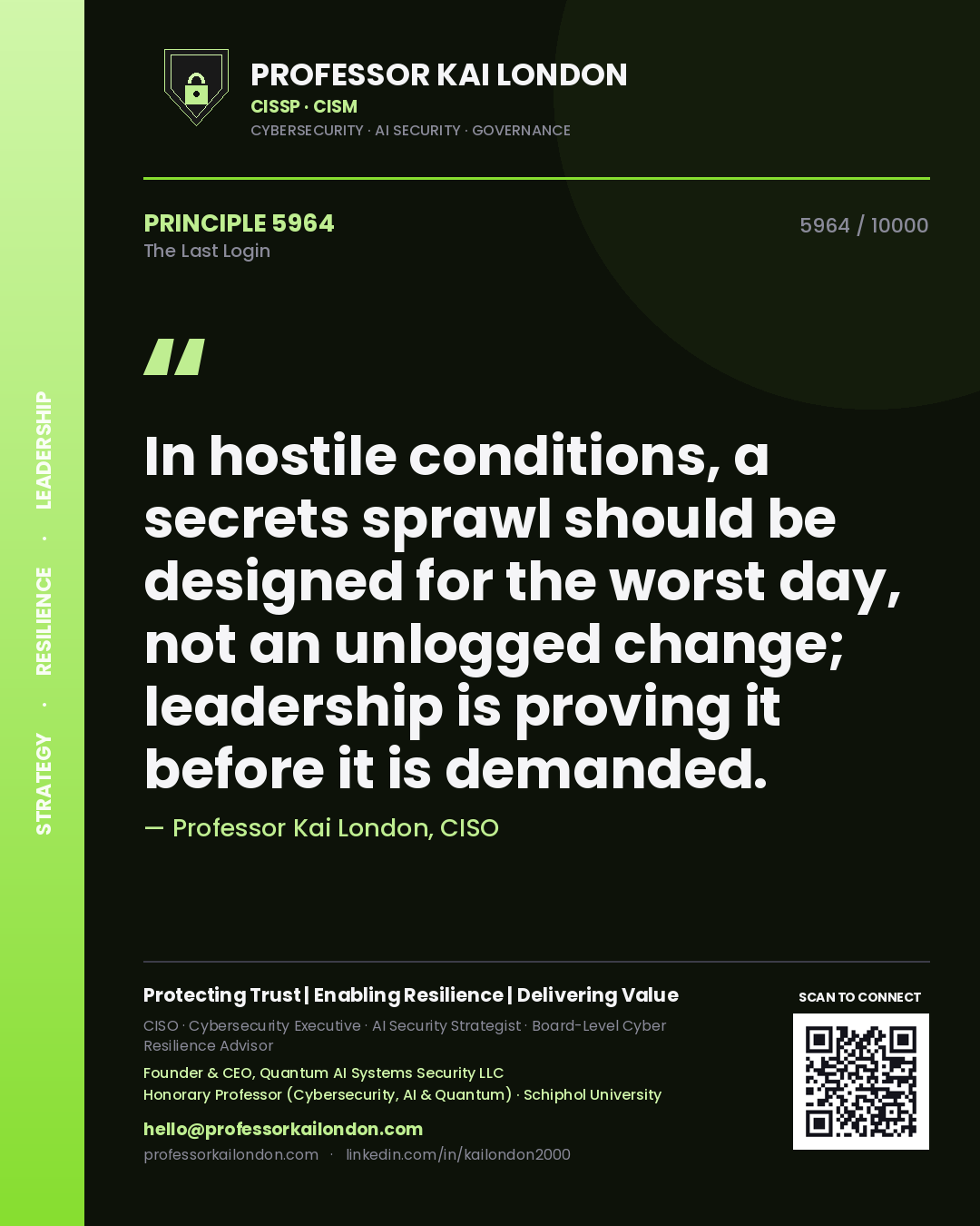 Quote card by Professor Kai London reading 'In hostile conditions, a secrets sprawl should be designed for the worst day, not an unlogged change; leadership is proving it before it is demanded.'. From the book The Last Login.