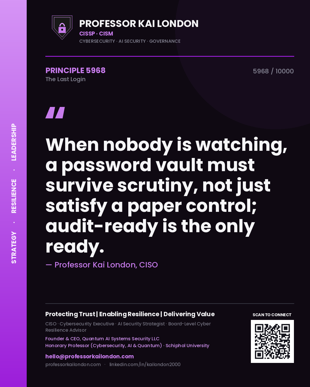 Quote card by Professor Kai London reading 'When nobody is watching, a password vault must survive scrutiny, not just satisfy a paper control; audit-ready is the only ready.'. From the book The Last Login.