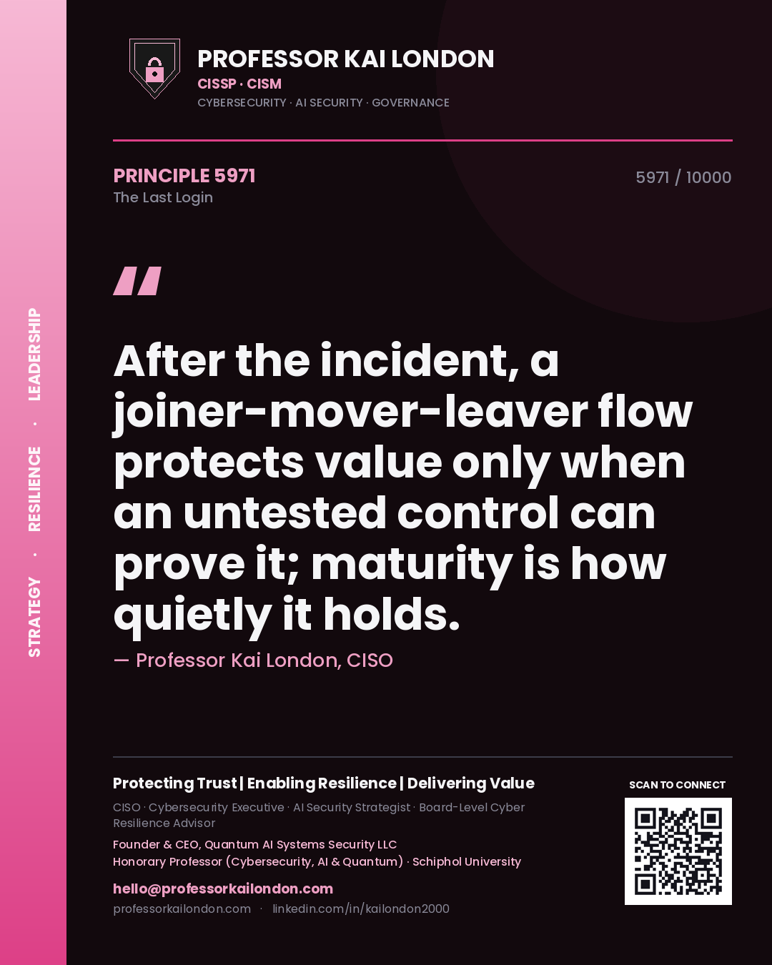 Quote card by Professor Kai London reading 'After the incident, a joiner-mover-leaver flow protects value only when an untested control can prove it; maturity is how quietly it holds.'. From the book The Last Login.