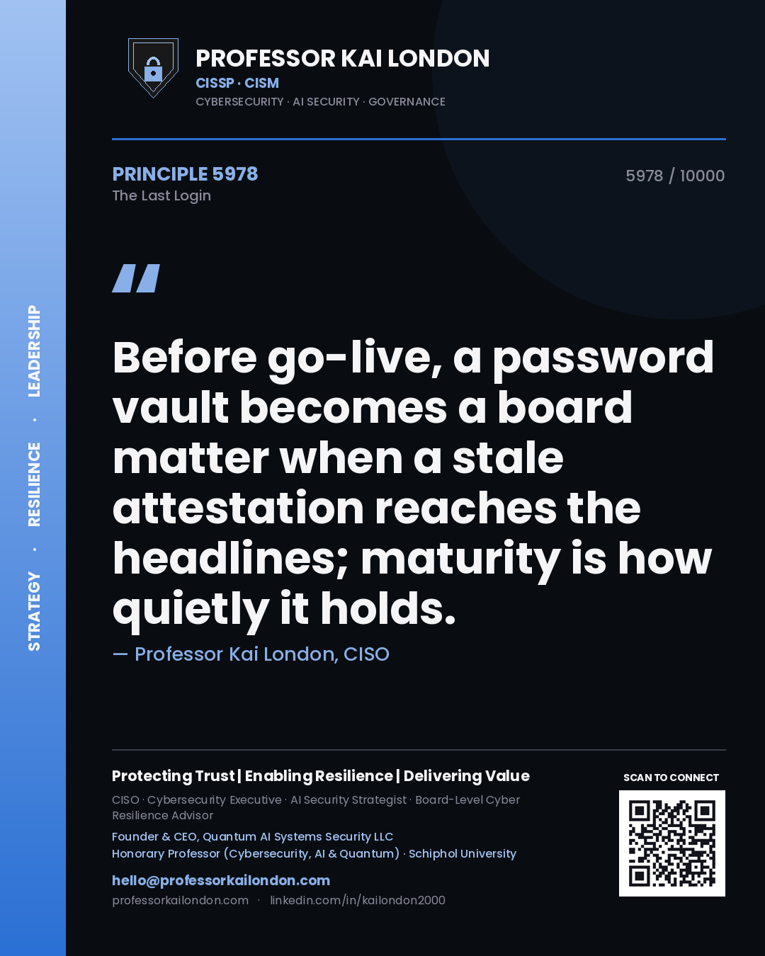 Quote card by Professor Kai London reading 'Before go-live, a password vault becomes a board matter when a stale attestation reaches the headlines; maturity is how quietly it holds.'. From the book The Last Login.