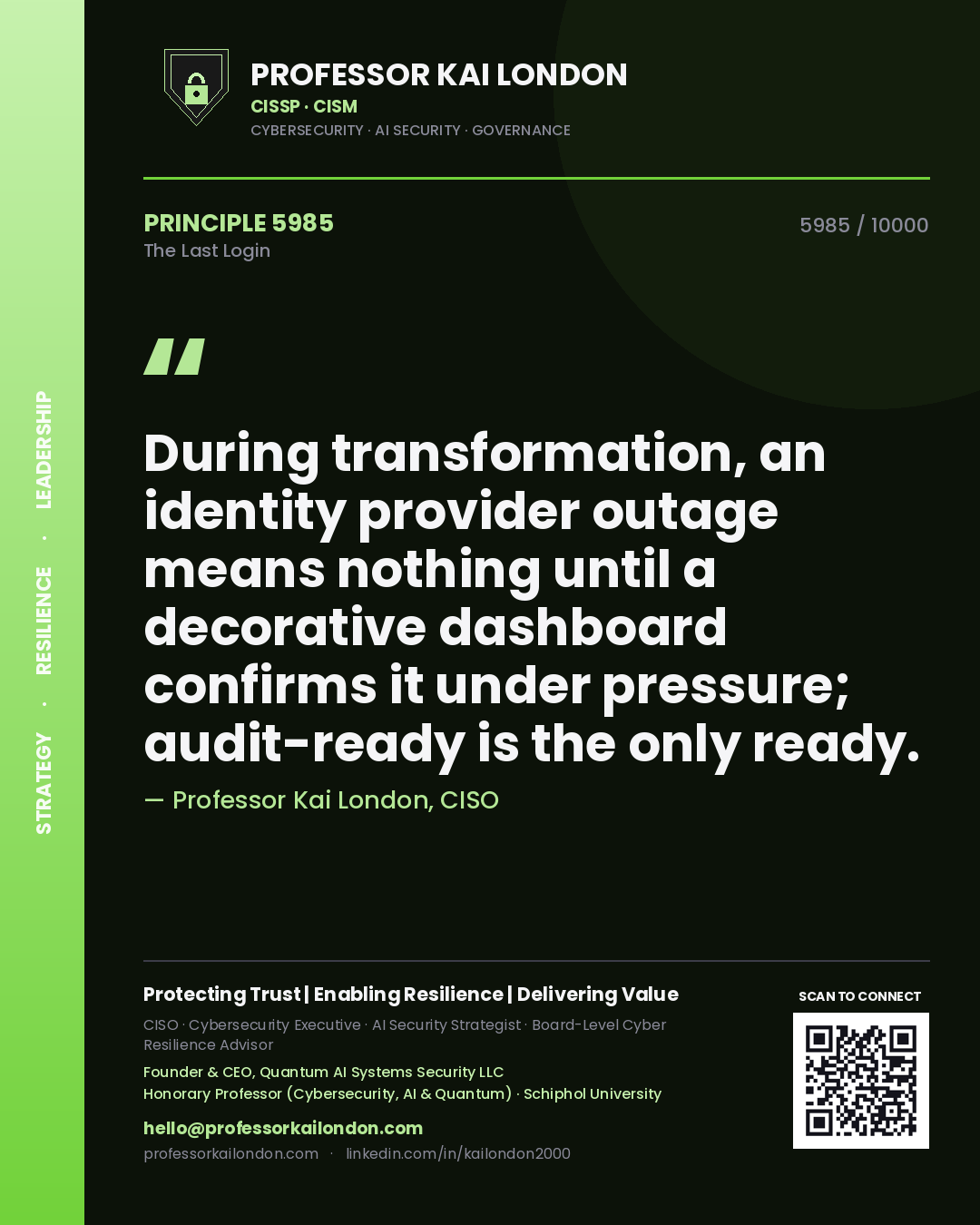 Quote card by Professor Kai London reading 'During transformation, an identity provider outage means nothing until a decorative dashboard confirms it under pressure; audit-ready is the only ready.'. From the book The Last Login.