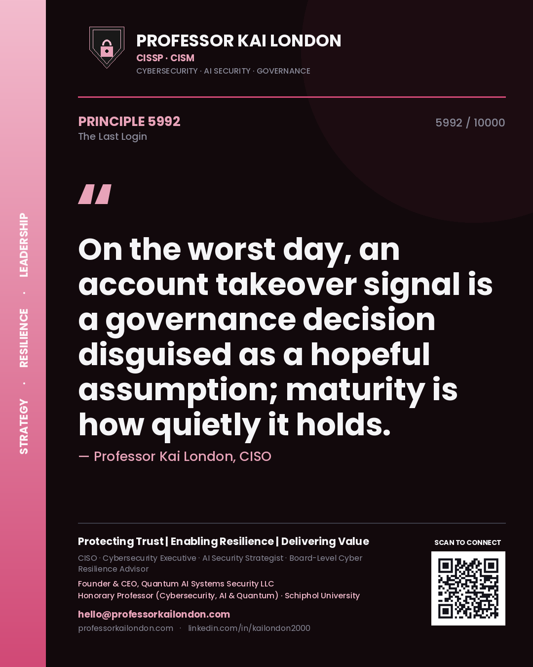 Quote card by Professor Kai London reading 'On the worst day, an account takeover signal is a governance decision disguised as a hopeful assumption; maturity is how quietly it holds.'. From the book The Last Login.