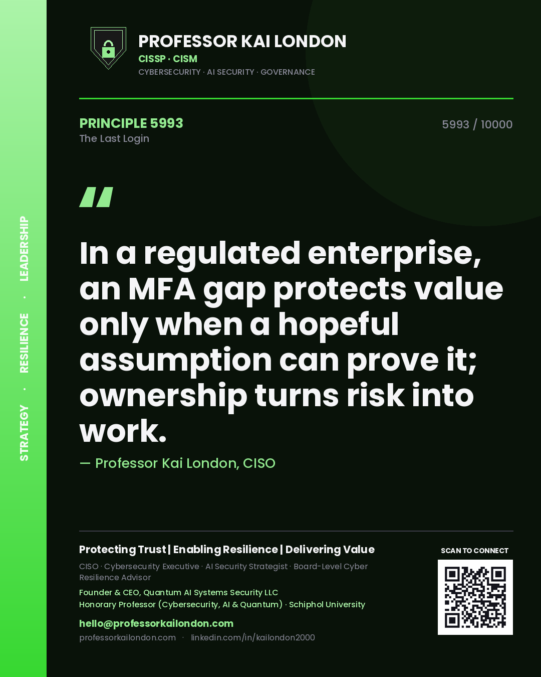 Professor Kai London principle 5993: In a regulated enterprise, an MFA gap protects value only when a hopeful assumption can prove it; ownership turns risk into work.