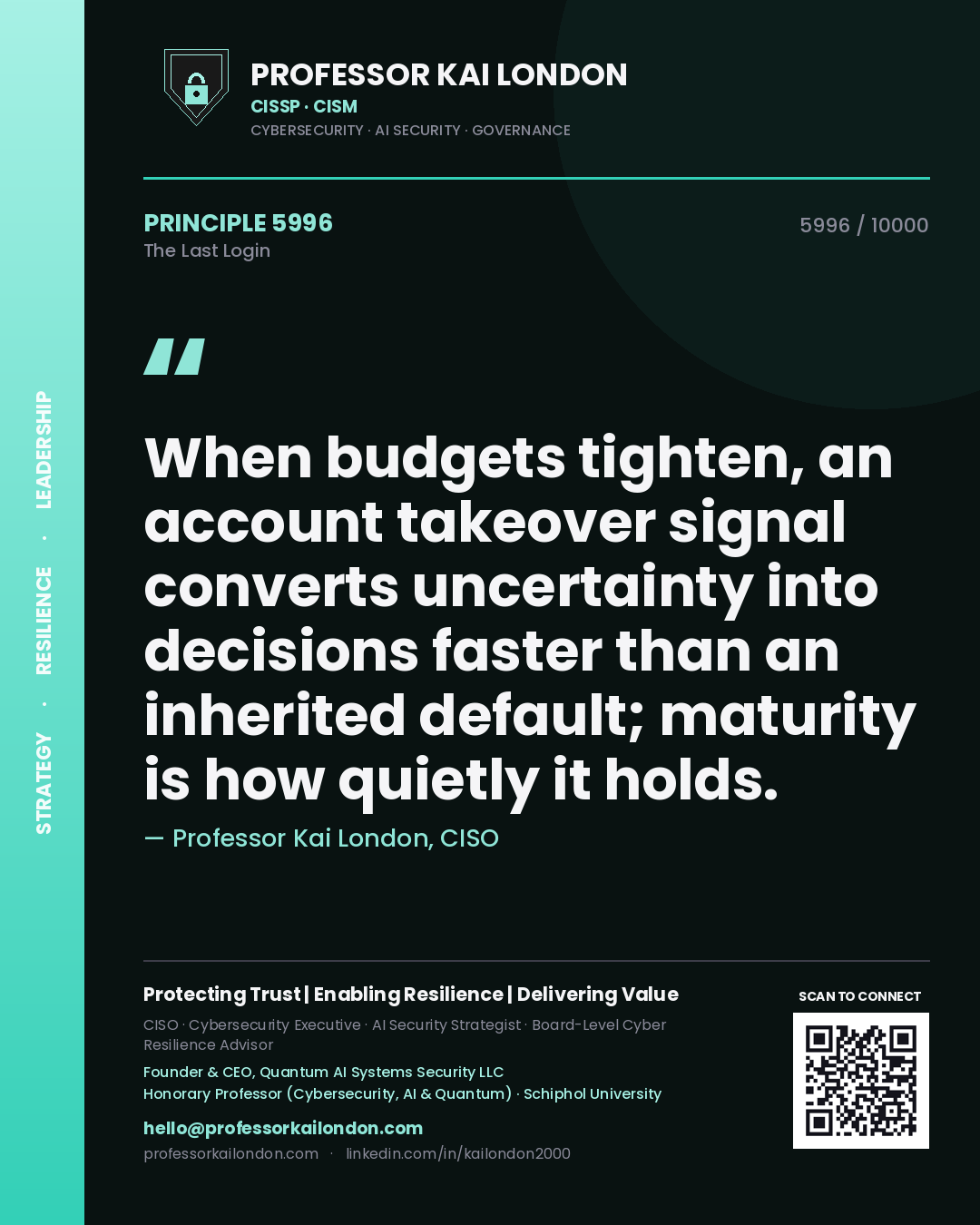 Quote card by Professor Kai London reading 'When budgets tighten, an account takeover signal converts uncertainty into decisions faster than an inherited default; maturity is how quietly it holds.'. From the book The Last Login.
