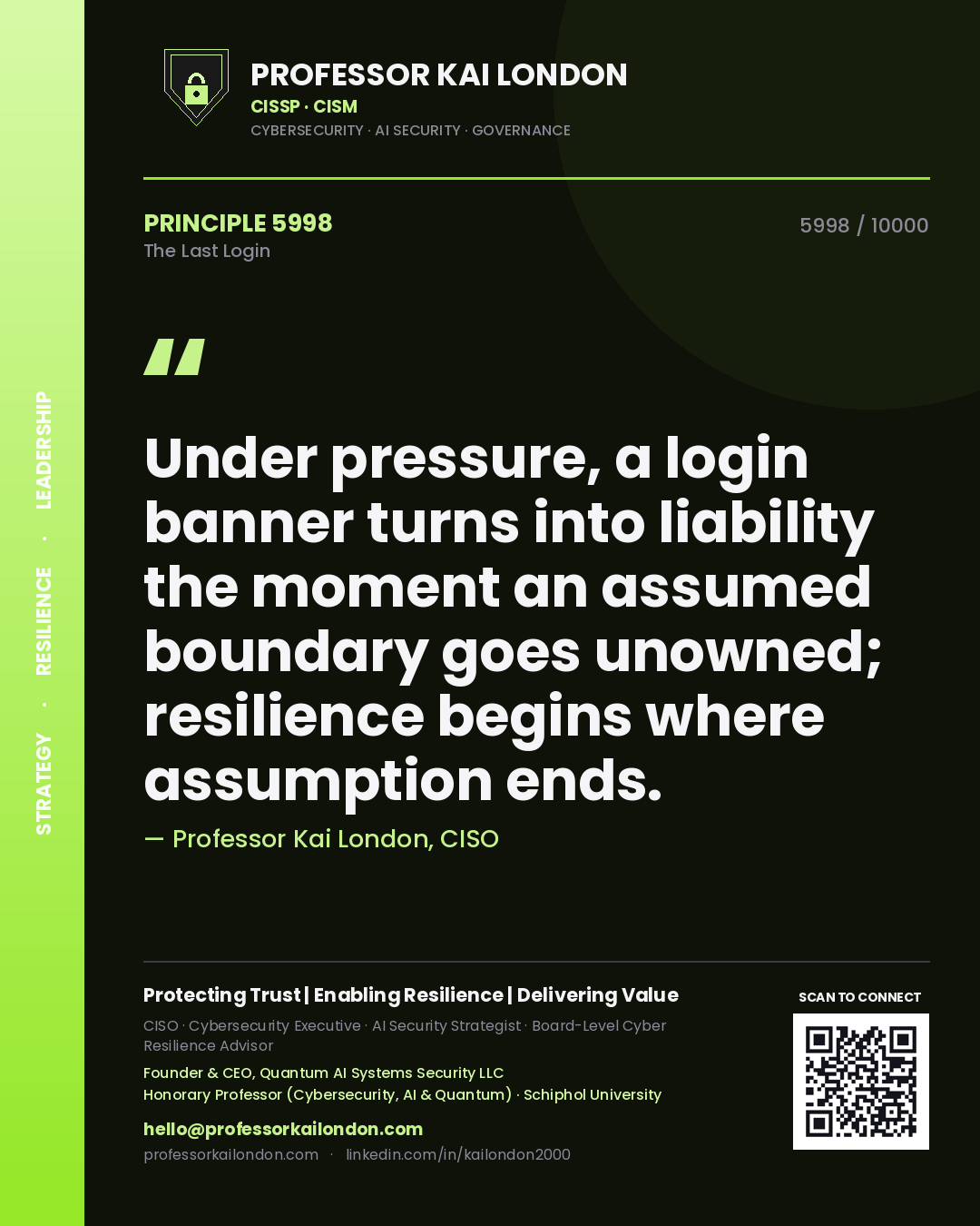 Quote card by Professor Kai London reading 'Under pressure, a login banner turns into liability the moment an assumed boundary goes unowned; resilience begins where assumption ends.'. From the book The Last Login.