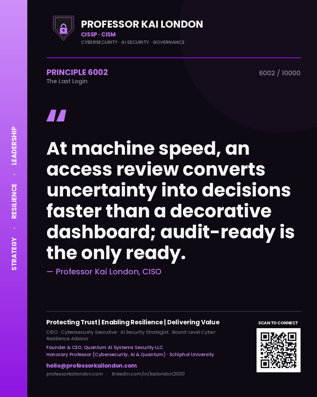 Quote card by Professor Kai London reading 'At machine speed, an access review converts uncertainty into decisions faster than a decorative dashboard; audit-ready is the only ready.'. From the book The Last Login.