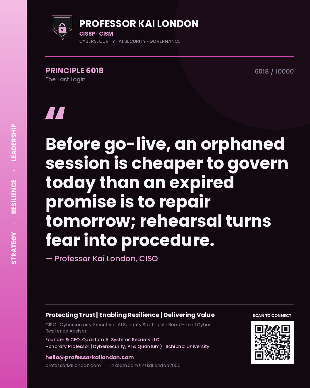 Quote card by Professor Kai London reading 'Before go-live, an orphaned session is cheaper to govern today than an expired promise is to repair tomorrow; rehearsal turns fear into procedure.'. From the book The Last Login.