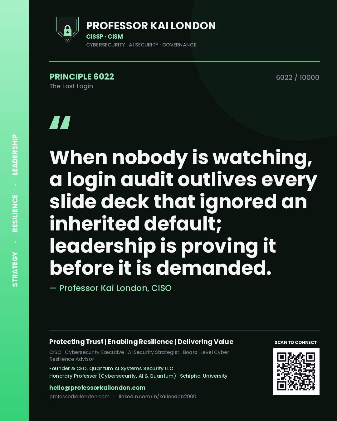 Quote card by Professor Kai London reading 'When nobody is watching, a login audit outlives every slide deck that ignored an inherited default; leadership is proving it before it is demanded.'. From the book The Last Login.