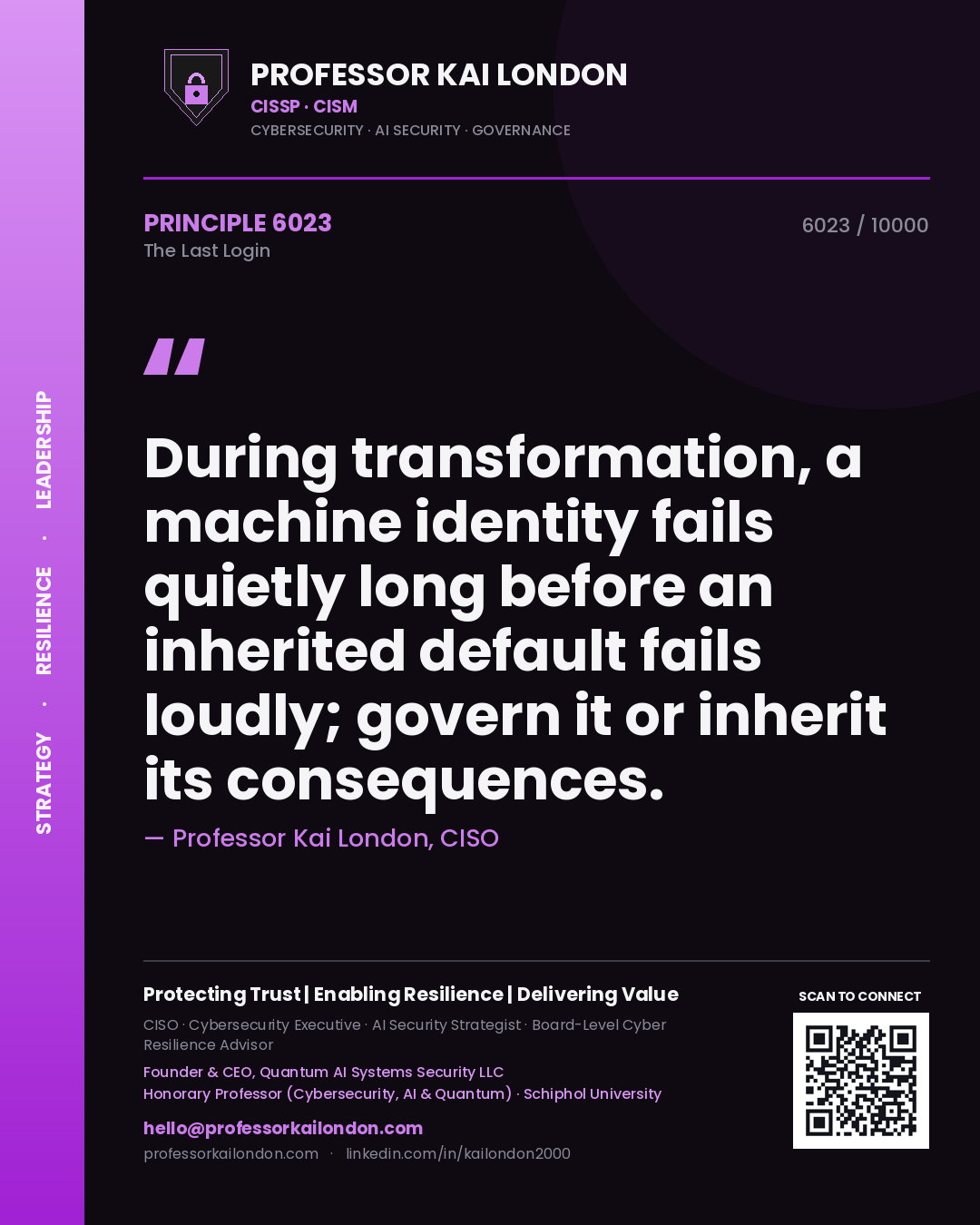 Quote card by Professor Kai London reading 'During transformation, a machine identity fails quietly long before an inherited default fails loudly; govern it or inherit its consequences.'. From the book The Last Login.